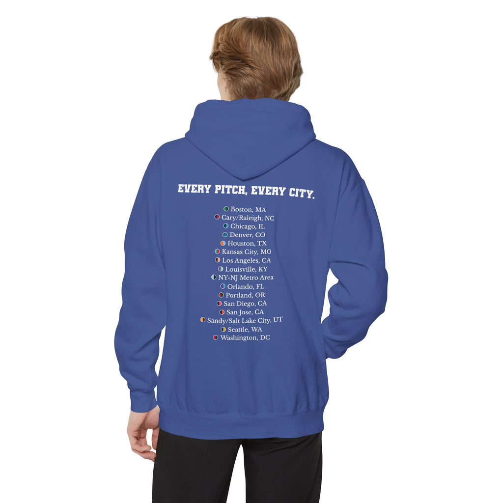 Flo Blue hoodie with chest logo on the front and list of cities on the back