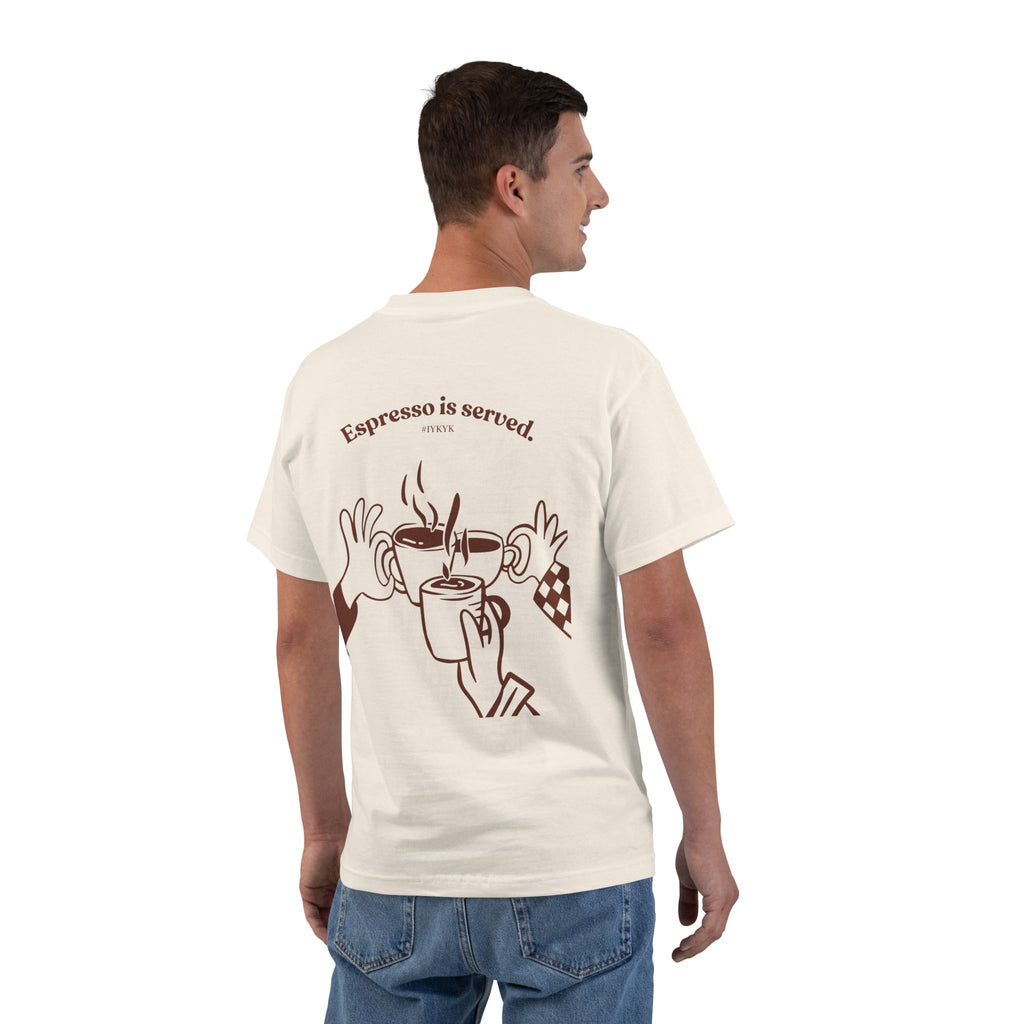 Natural W-League t-shirt featuring a front pocket W logo and back Espresso is served graphic with three clinking coffee mugs