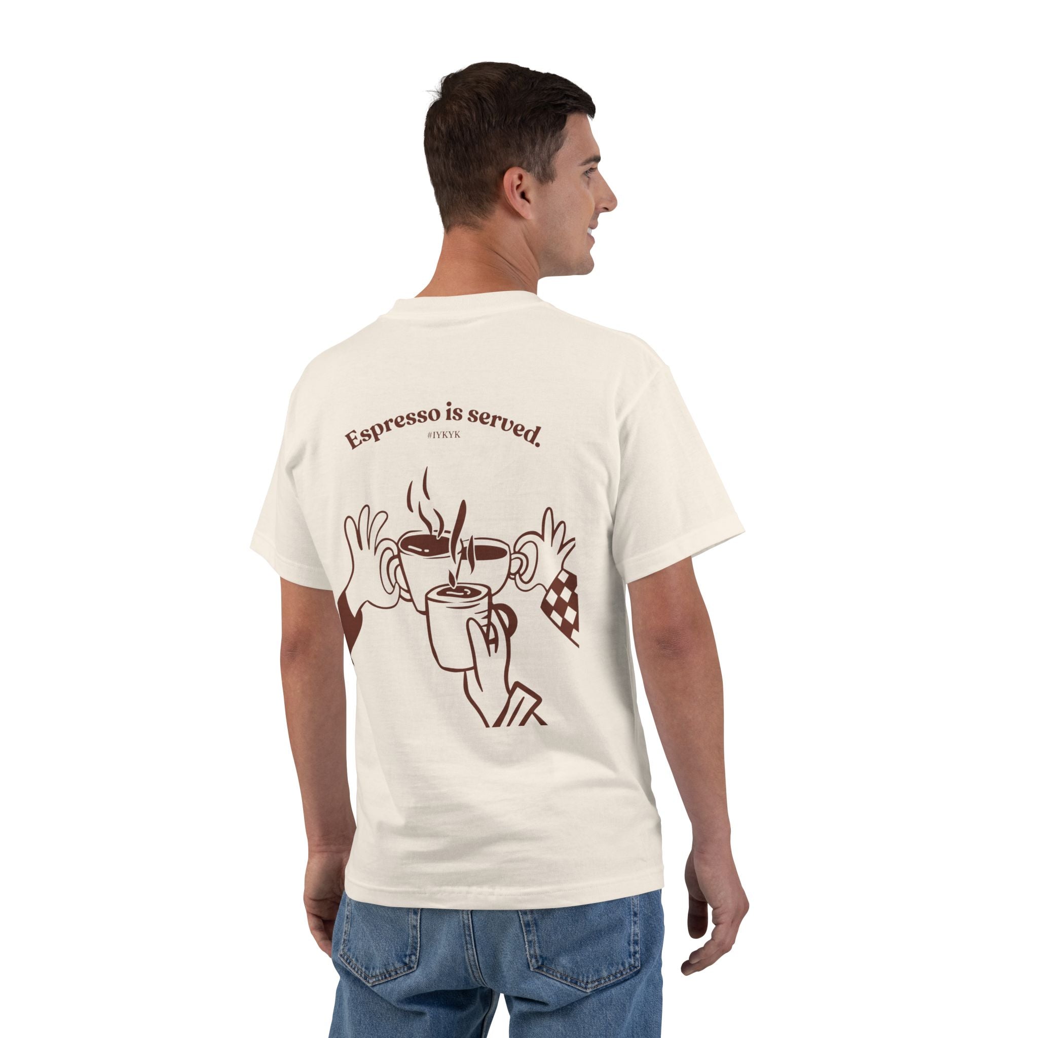Natural W-League t-shirt featuring a front pocket W logo and back Espresso is served graphic with three clinking coffee mugs