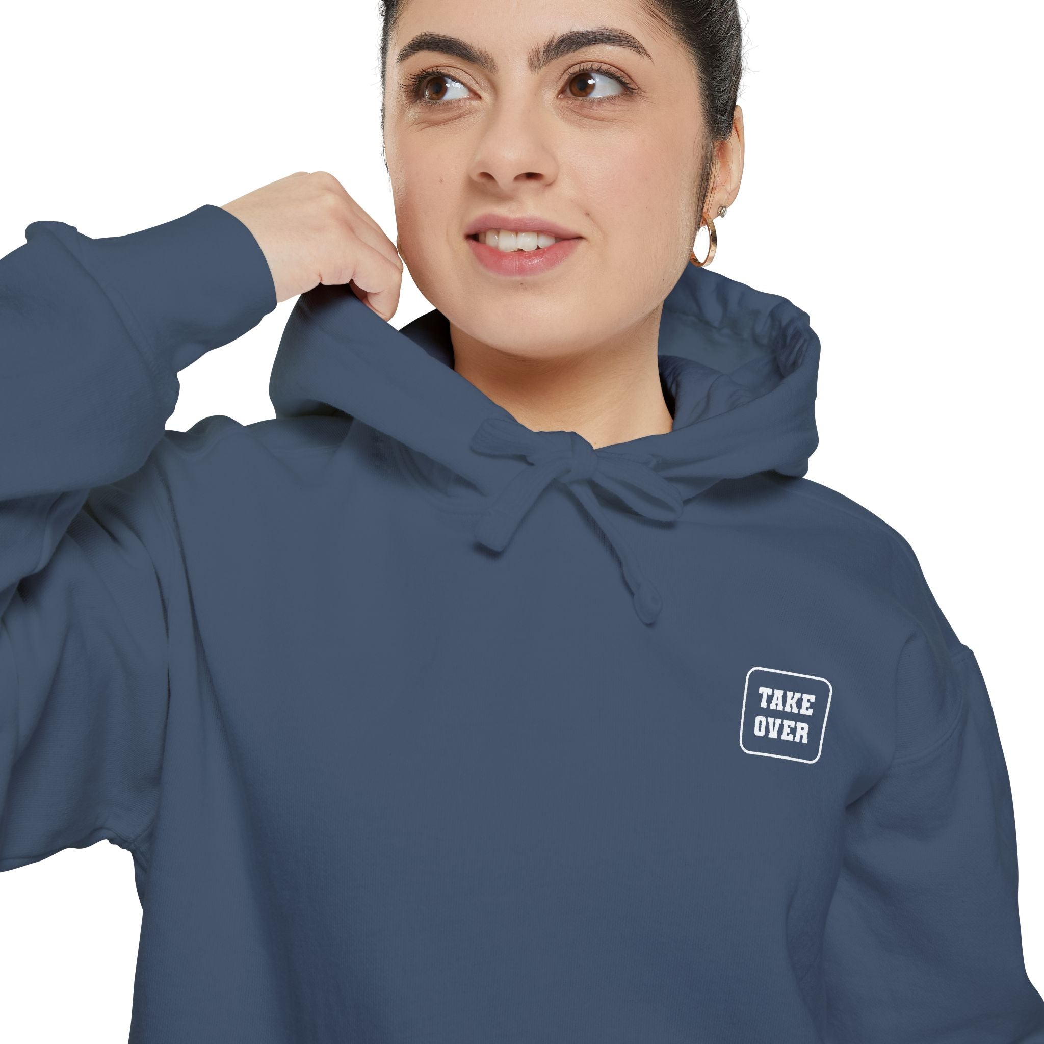 Denim colored hoodie with chest logo on the front and list of cities on the back