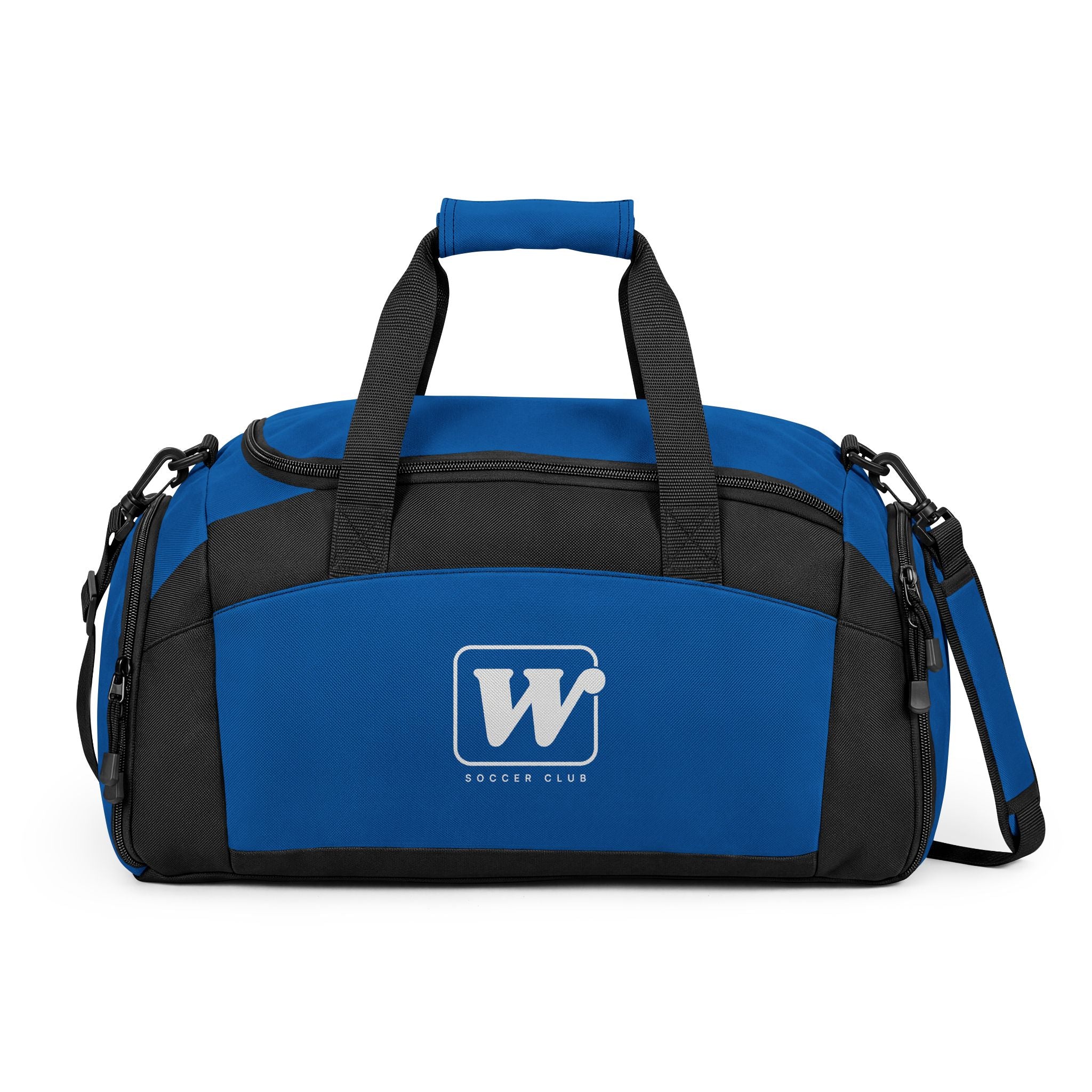 Royal WSC branded athletic duffle bag featuring a large white logo print, separate ventilated shoe compartment, and water-resistant fabric