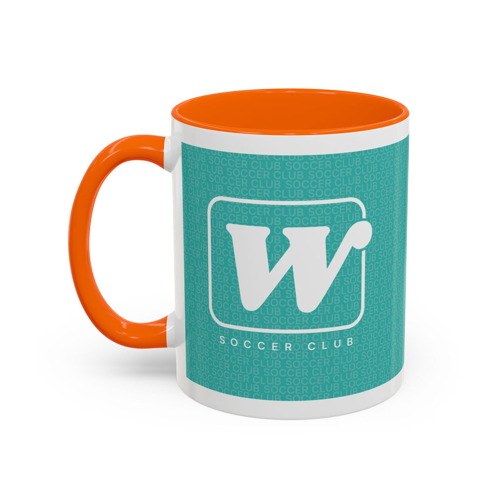 Orange W Soccer Club ceramic accent mug, with a teal wraparound soccer club design and the bold 'W' logo 