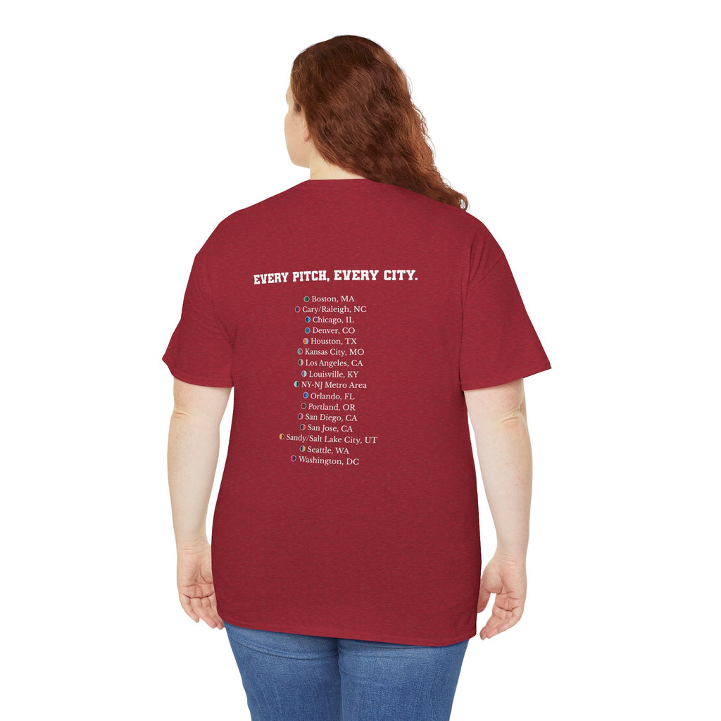 Antique Cherry Red Take Over Every City Pro League T-Shirt flat lay on a solid background.