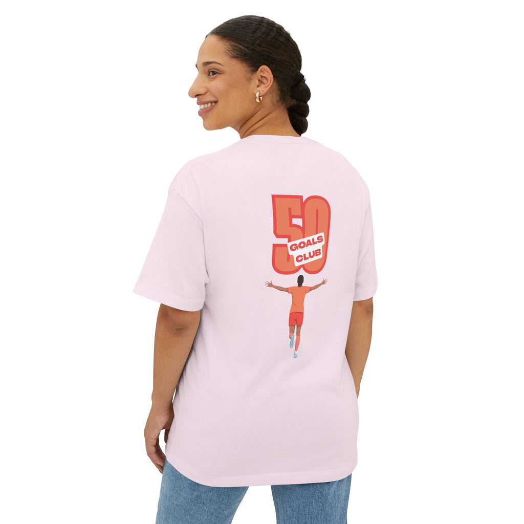 Soft Pink 'Elite Company Only' boxy t-shirt featuring a 50 Goals Club graphic print on the back