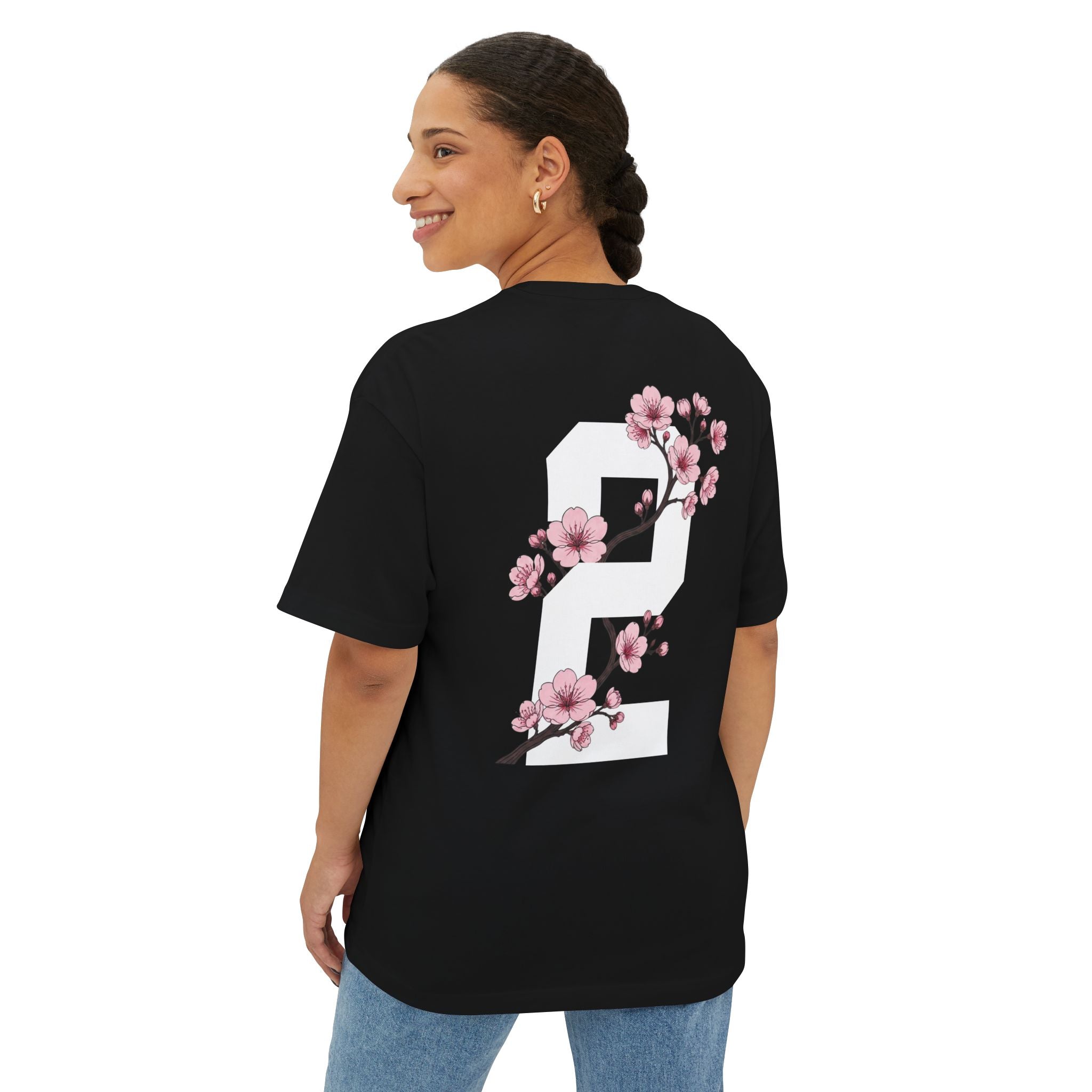 Black heavyweight boxy t-shirt back view featuring a large number 2 graphic decorated with cherry blossom flowers.
