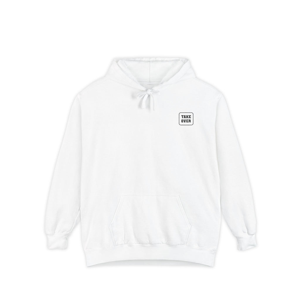 White hoodie with chest logo on the front and list of cities on the back