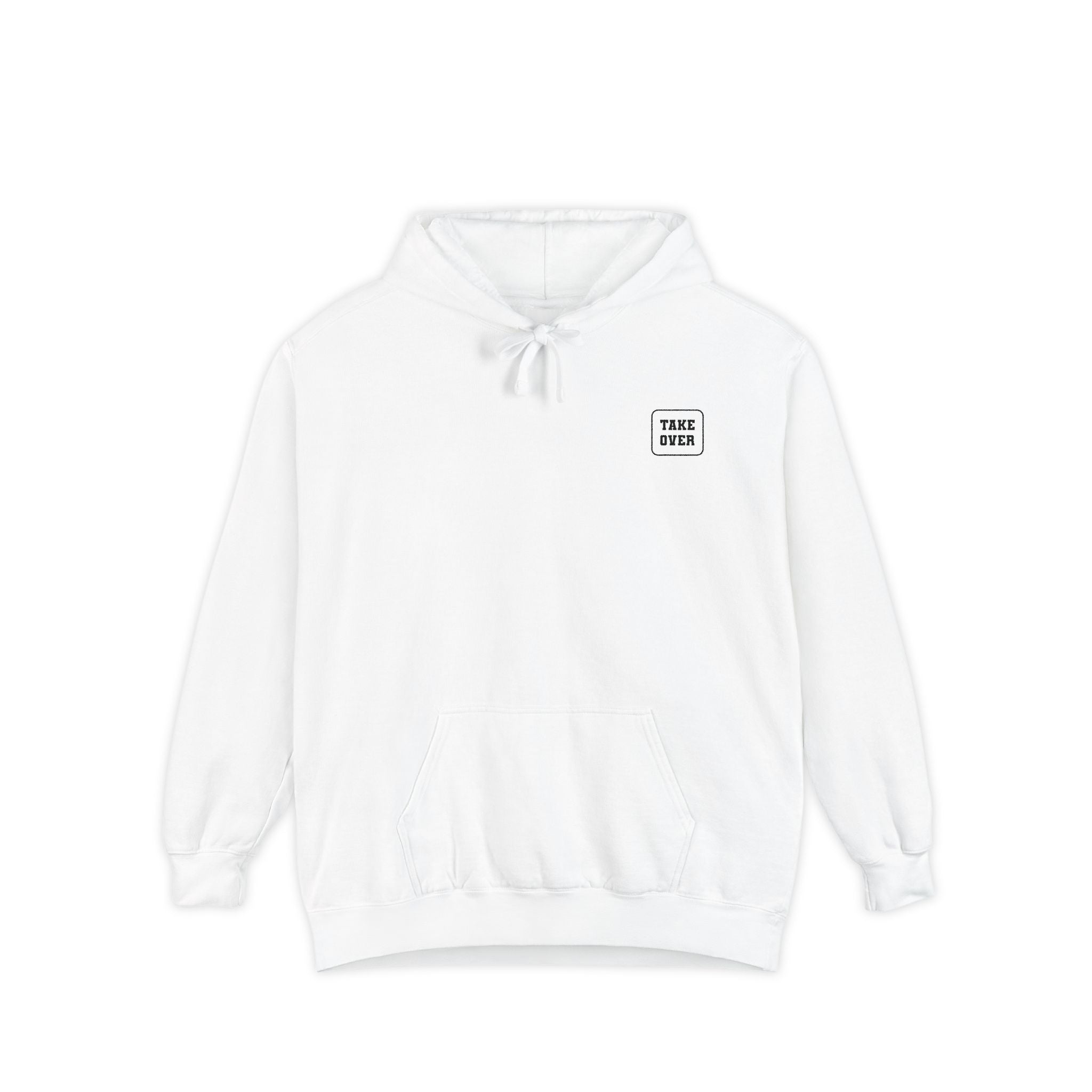 White hoodie with chest logo on the front and list of cities on the back
