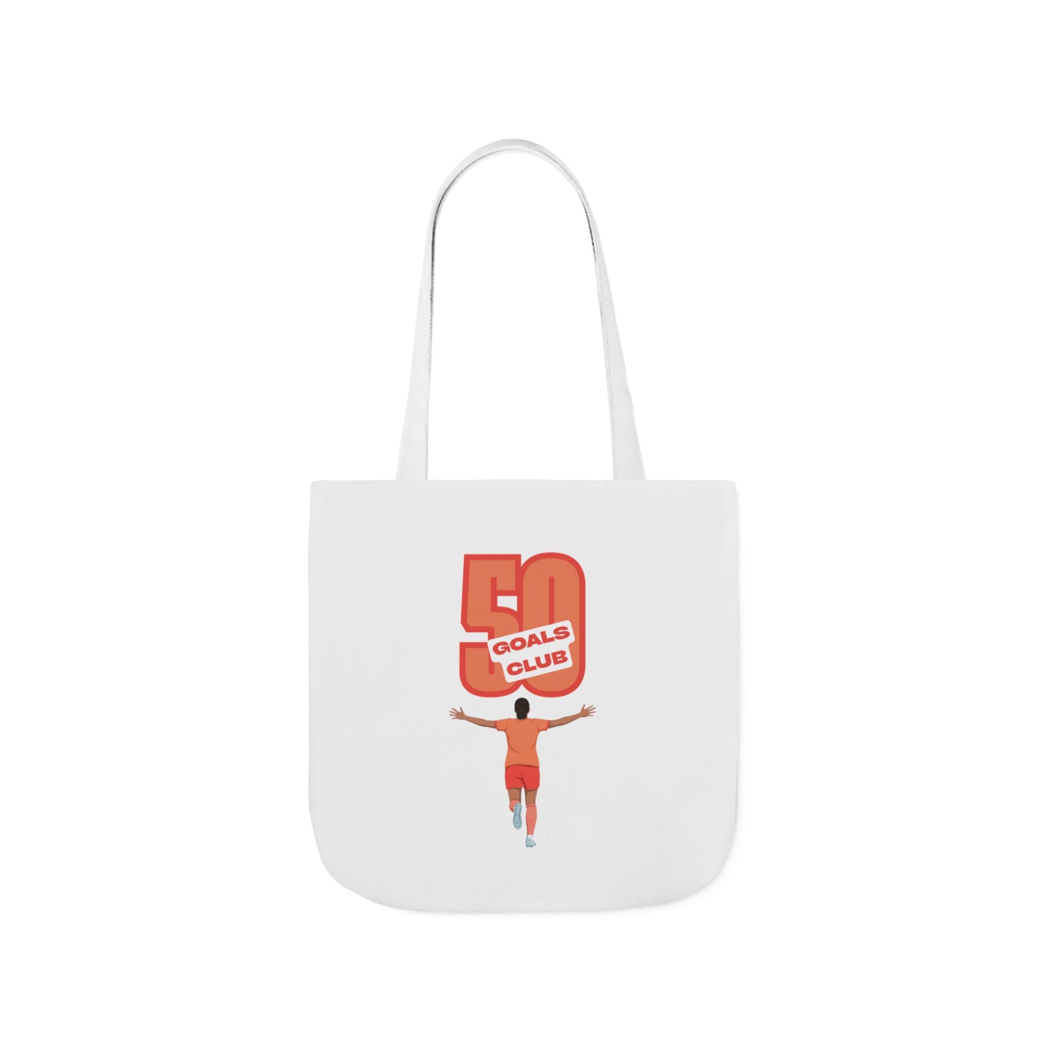 A white canvas tote bag with two shoulder straps, featuring a graphic print of a player running underneath a '50 GOALS CLUB' graphic