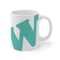 White ceramic coffee mug with teal W soccer club logo printed on the side from the WSC collection