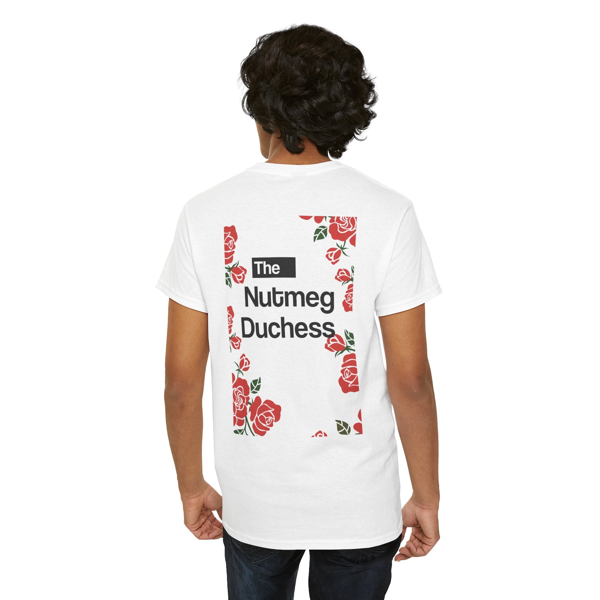 White Nutmeg Duchess t-shirt with a framed red rose graphic and vintage soccer street style typography
