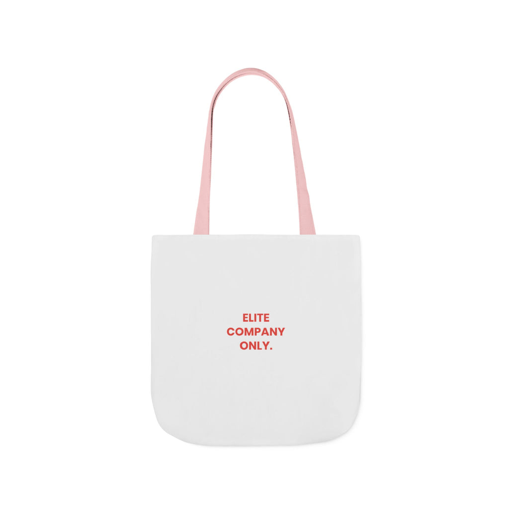 A canvas tote bag with light pink shoulder straps, featuring the text 'Elite Company Only'