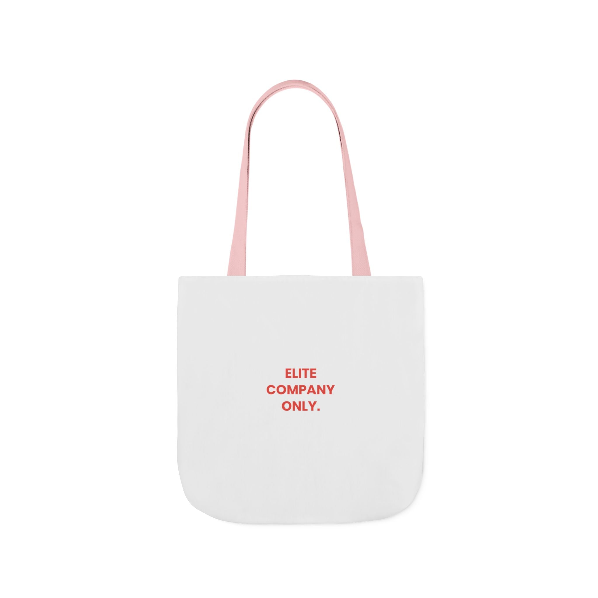 A canvas tote bag with light pink shoulder straps, featuring the text 'Elite Company Only'