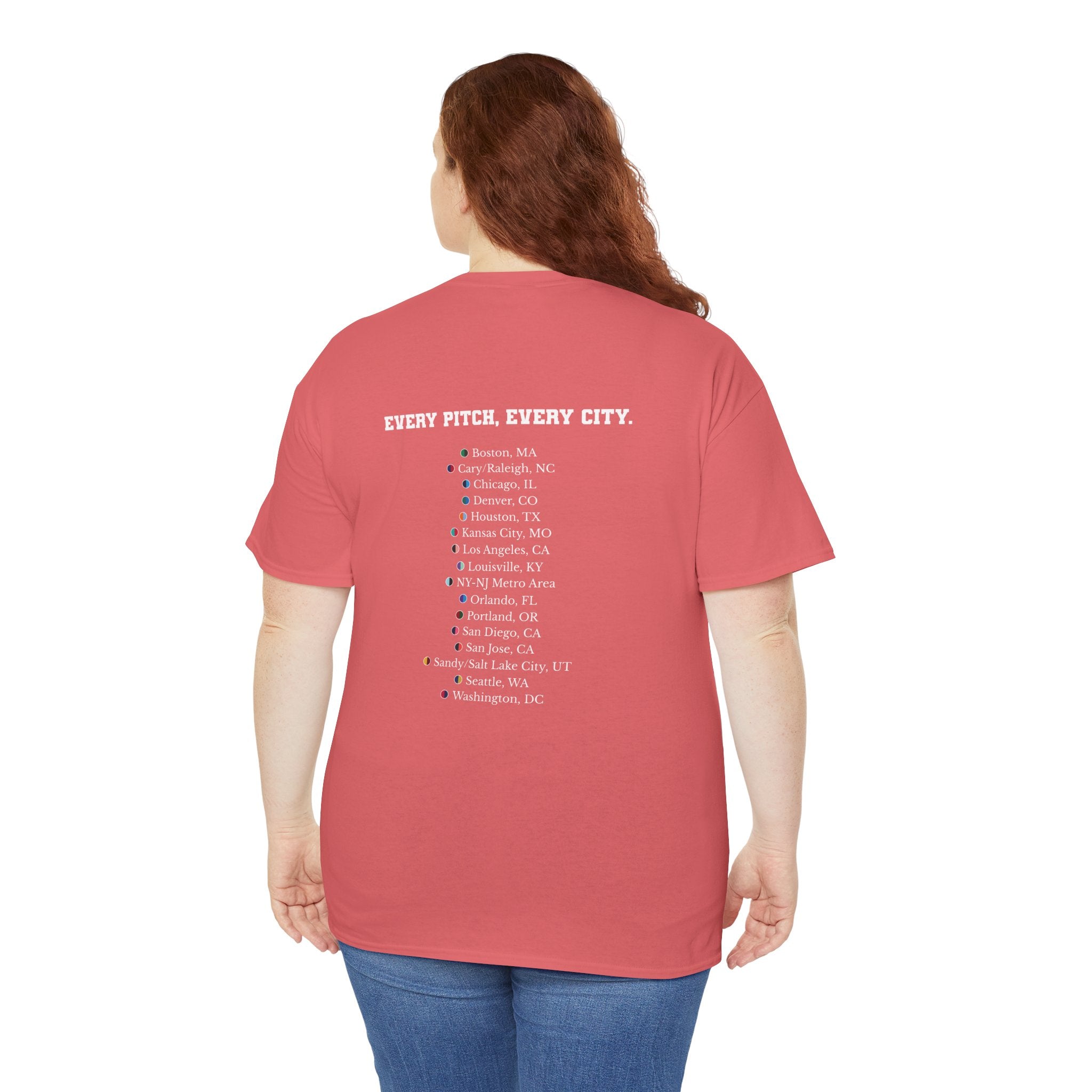 Coral Silk Take Over Every City Pro League T-Shirt flat lay on a solid background.