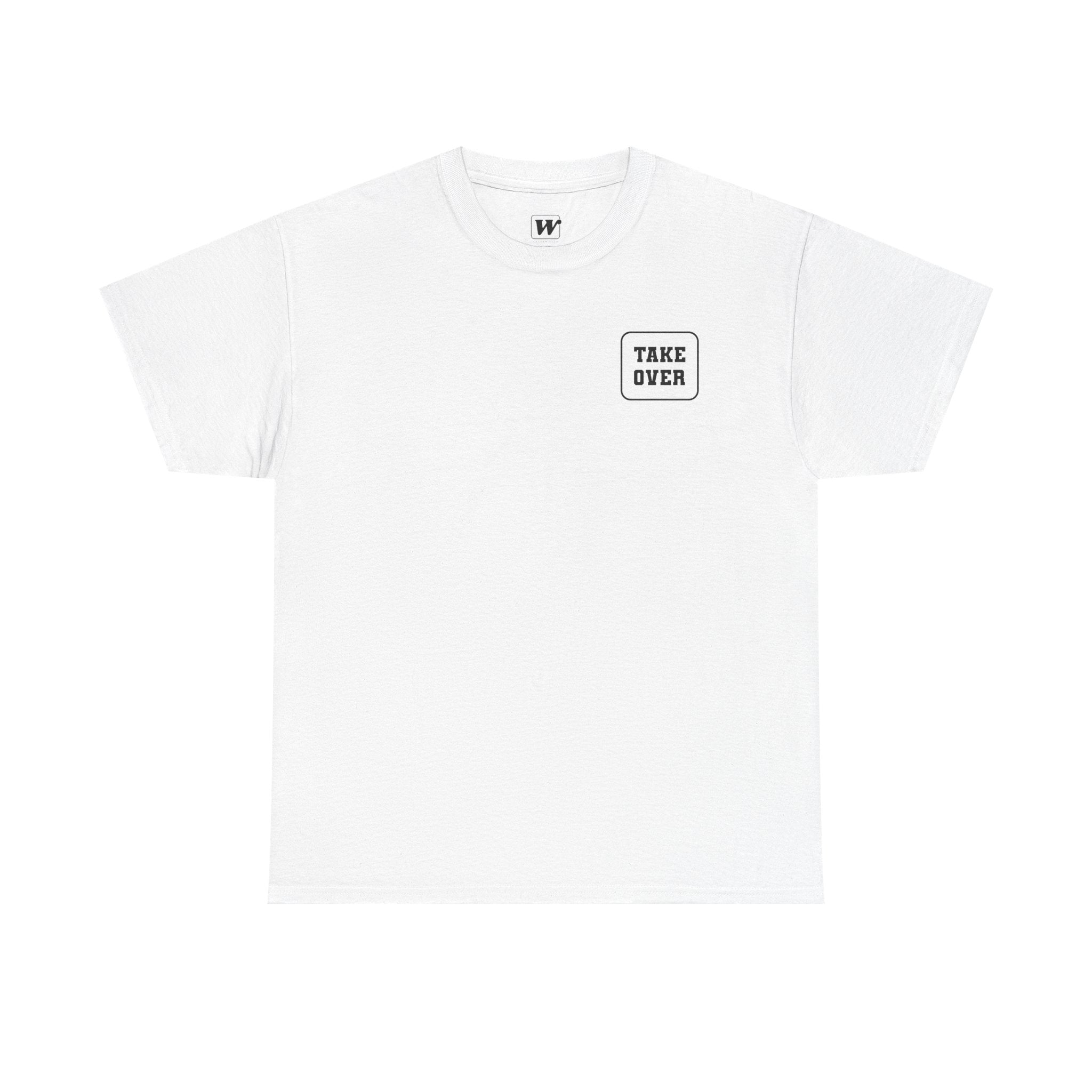 White Take Over Every City Pro League T-Shirt flat lay on a solid background.