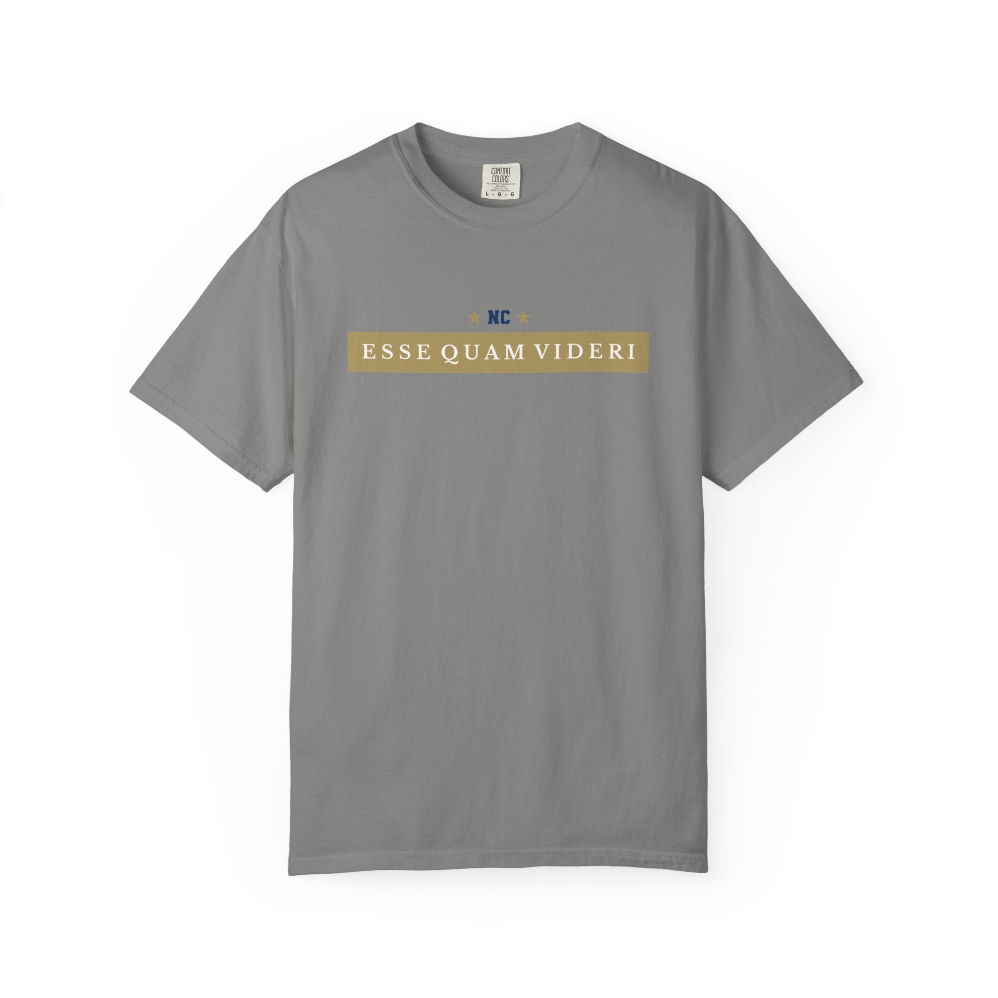Granite gray garment-dyed t-shirt front view featuring 'ESSE QUAM VIDERI' state motto in a gold chest bar graphic.