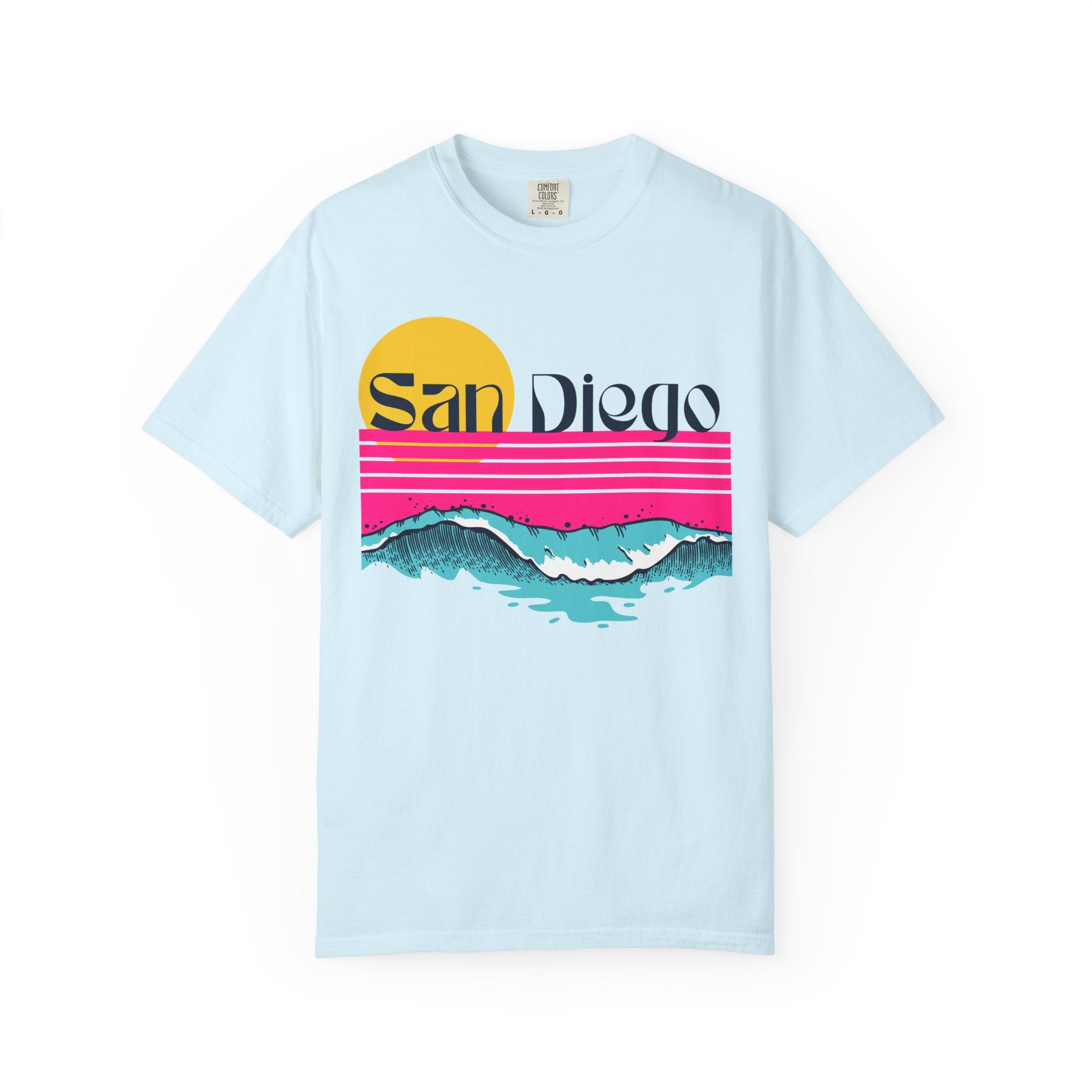 Chambray short-sleeve crewneck t-shirt featuring a retro-style sunset and ocean waves graphic with the text 'San Diego' across the chest