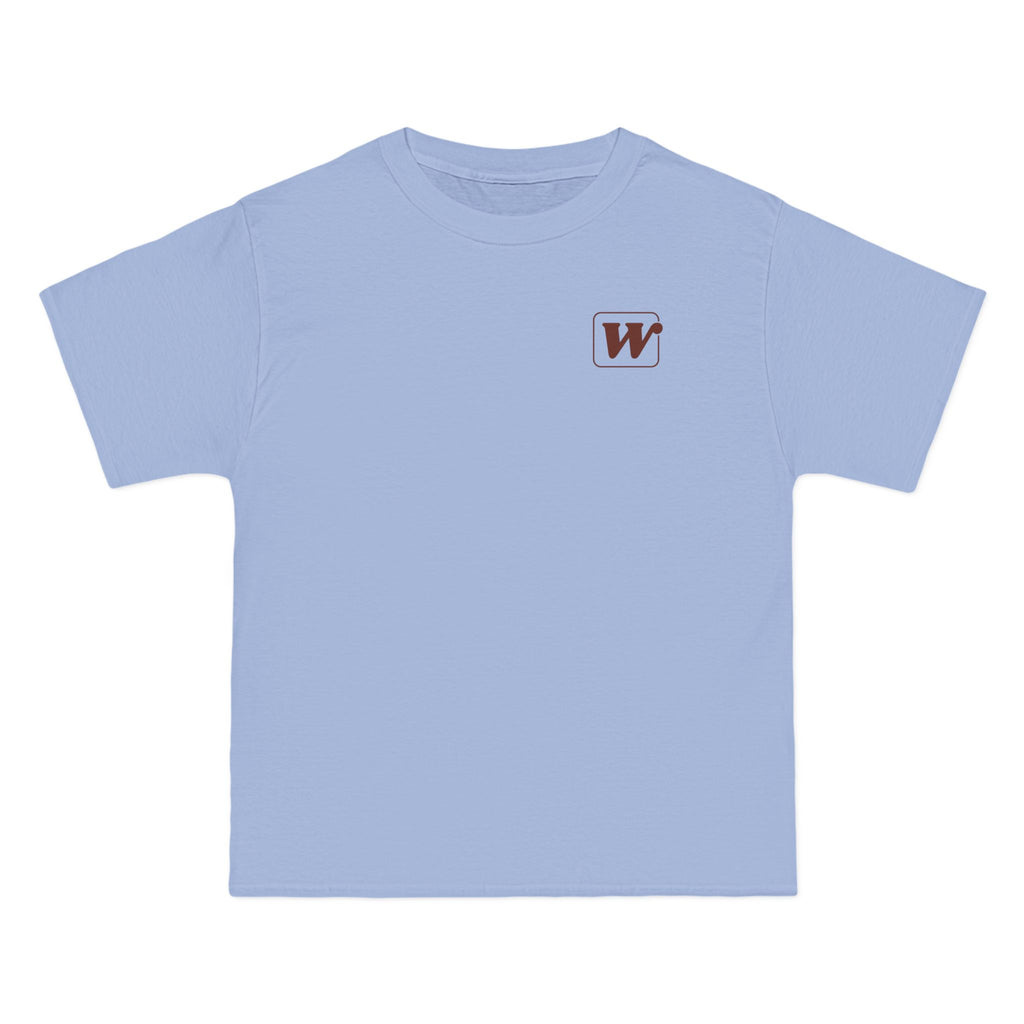 Light Blue W-League t-shirt featuring a front pocket W logo and back Espresso is served graphic with three clinking coffee mugs