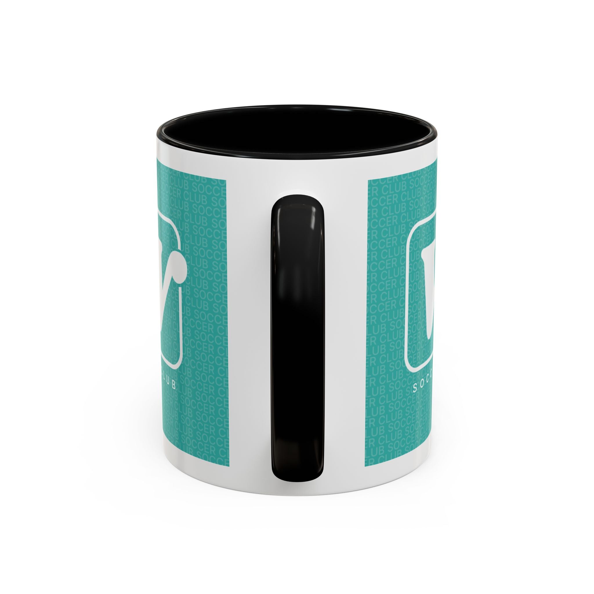 Black W Soccer Club ceramic accent mug, with a teal wraparound soccer club design and the bold 'W' logo 