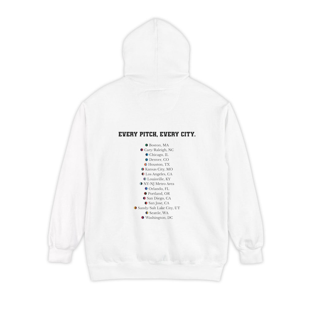 White hoodie with chest logo on the front and list of cities on the back