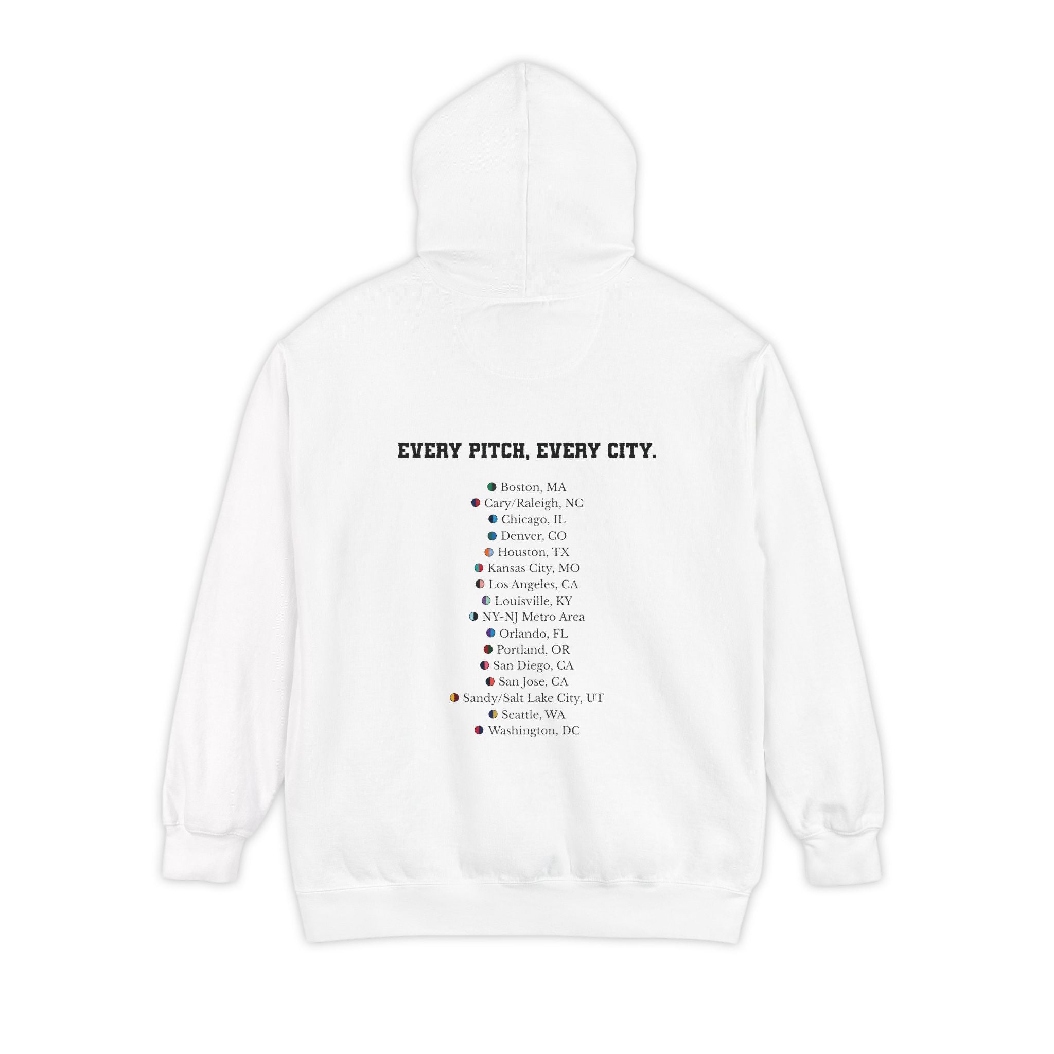 White hoodie with chest logo on the front and list of cities on the back