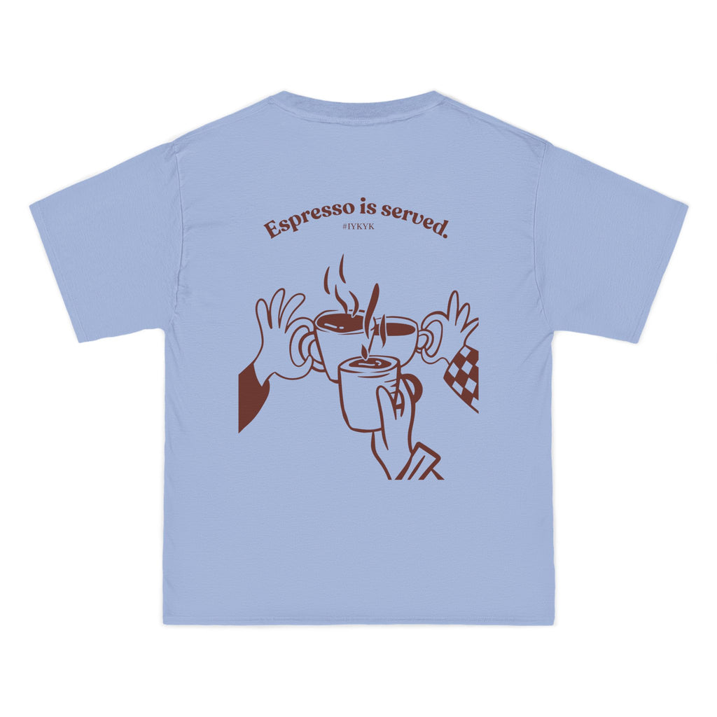 Light Blue W-League t-shirt featuring a front pocket W logo and back Espresso is served graphic with three clinking coffee mugs