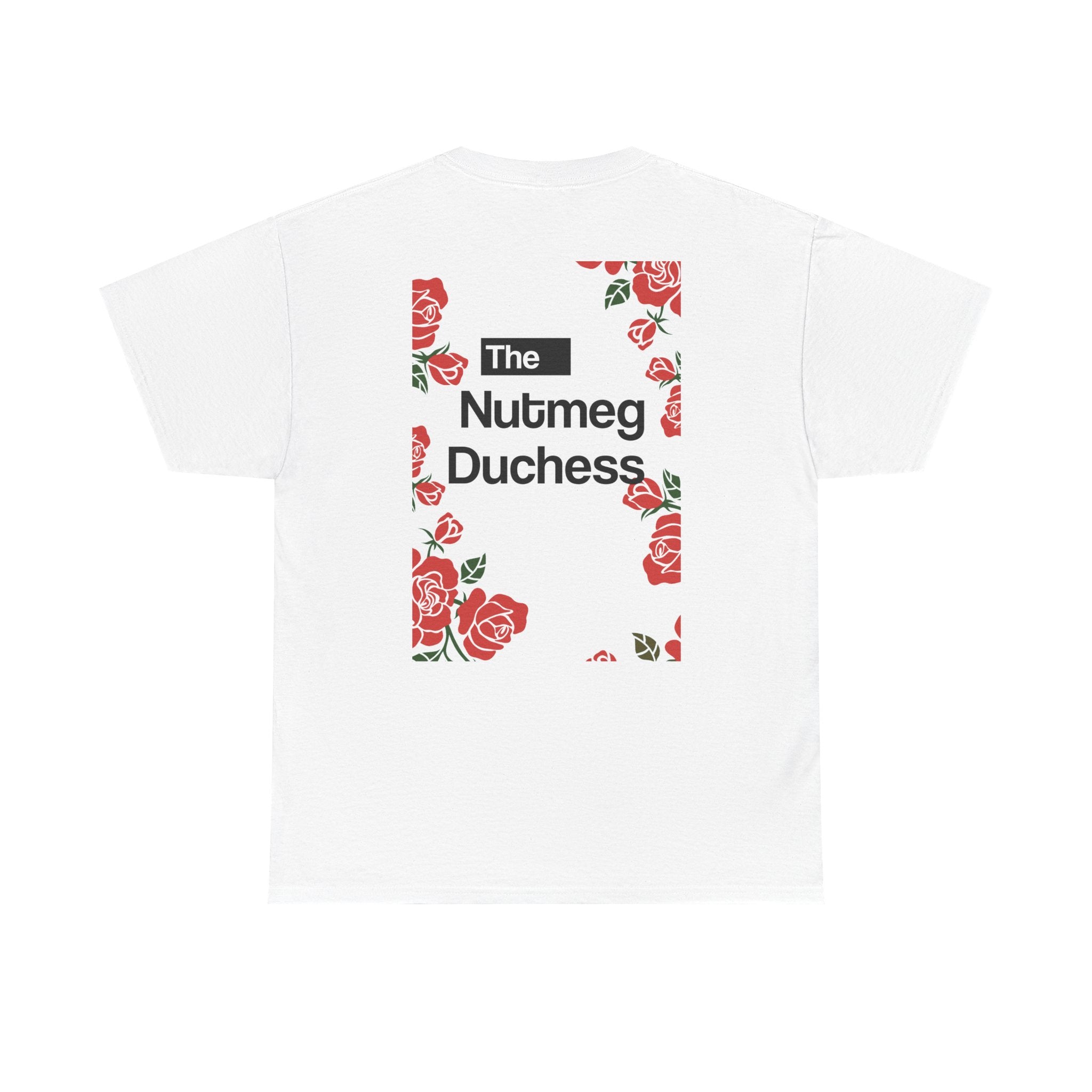 White Nutmeg Duchess t-shirt with a framed red rose graphic and vintage soccer street style typography