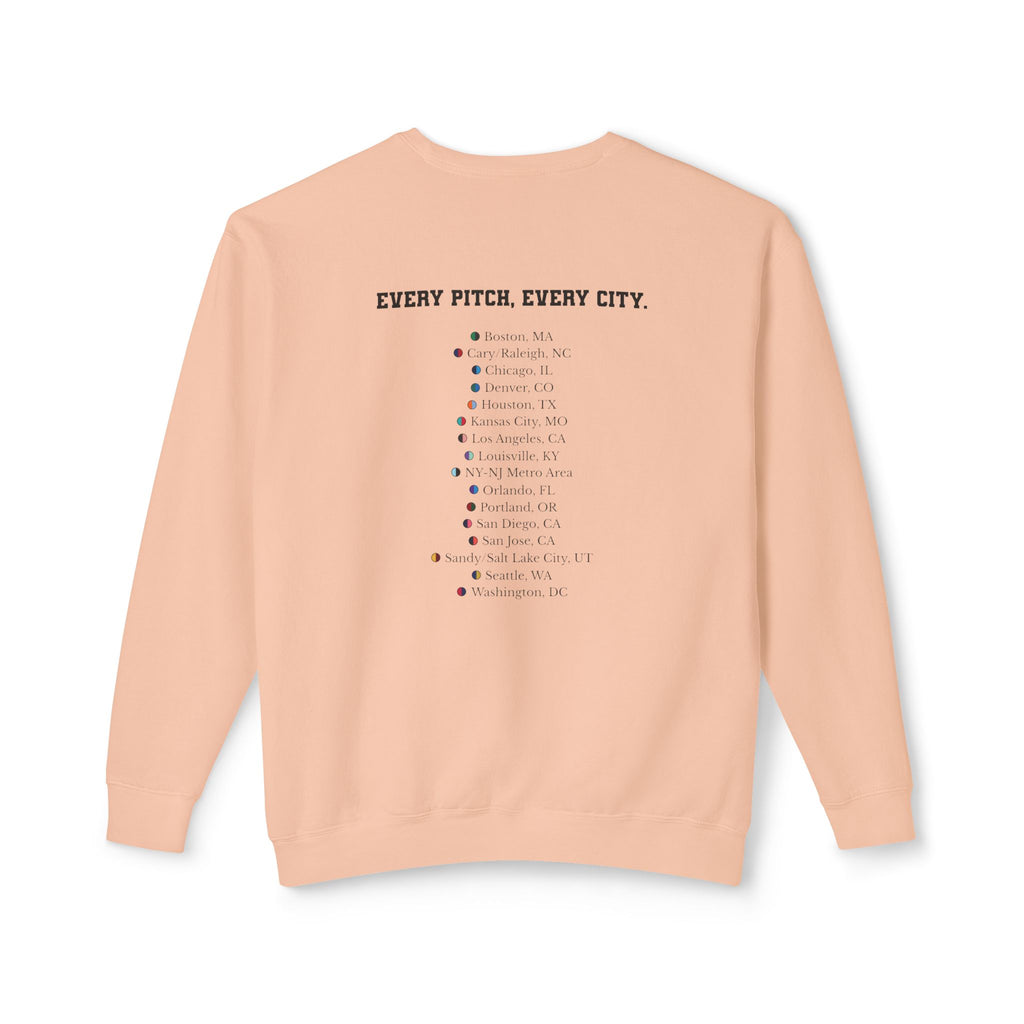 Peachy sweatshirt with Take Over chest logo on the front and cities list on the back