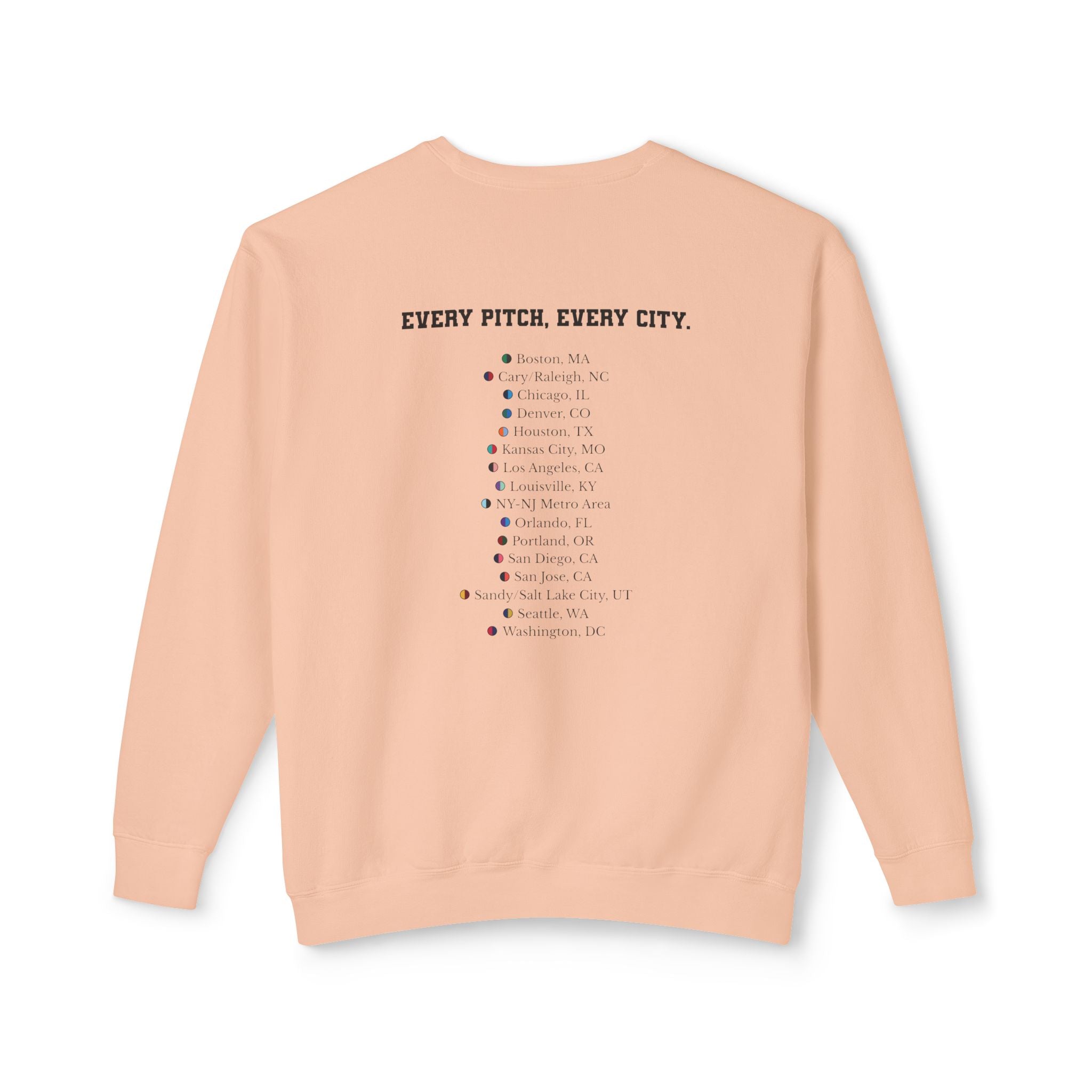 Peachy sweatshirt with Take Over chest logo on the front and cities list on the back