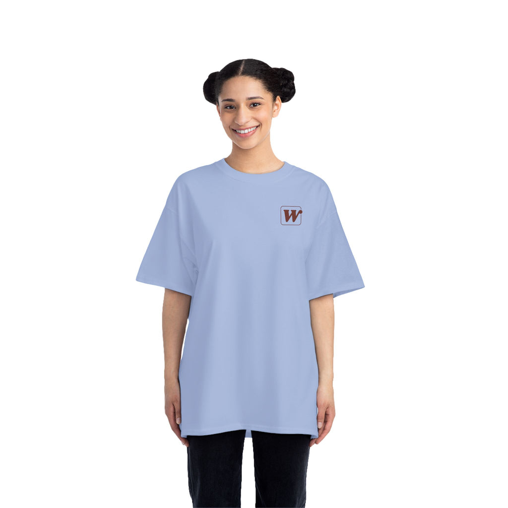 Light Blue W-League t-shirt featuring a front pocket W logo and back Espresso is served graphic with three clinking coffee mugs