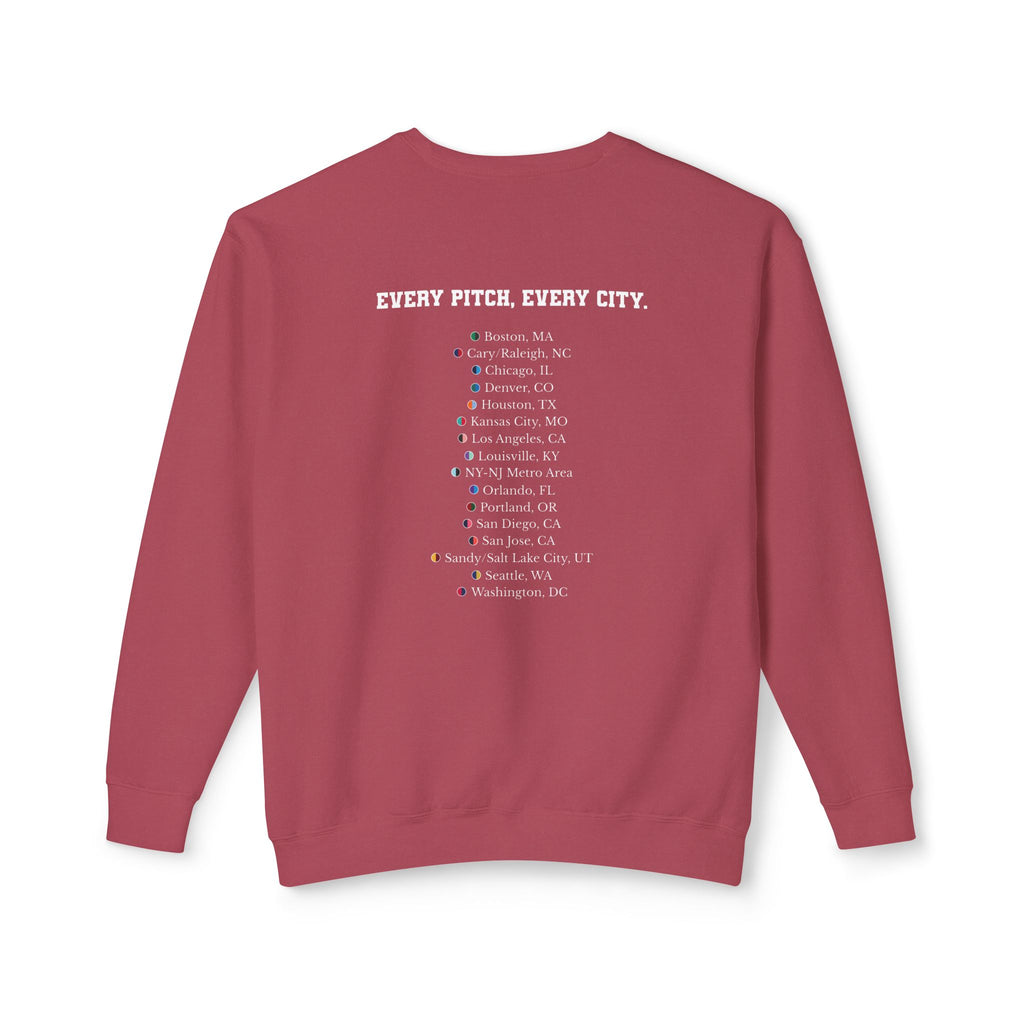 Crimson sweatshirt with Take Over chest logo on the front and cities list on the back 