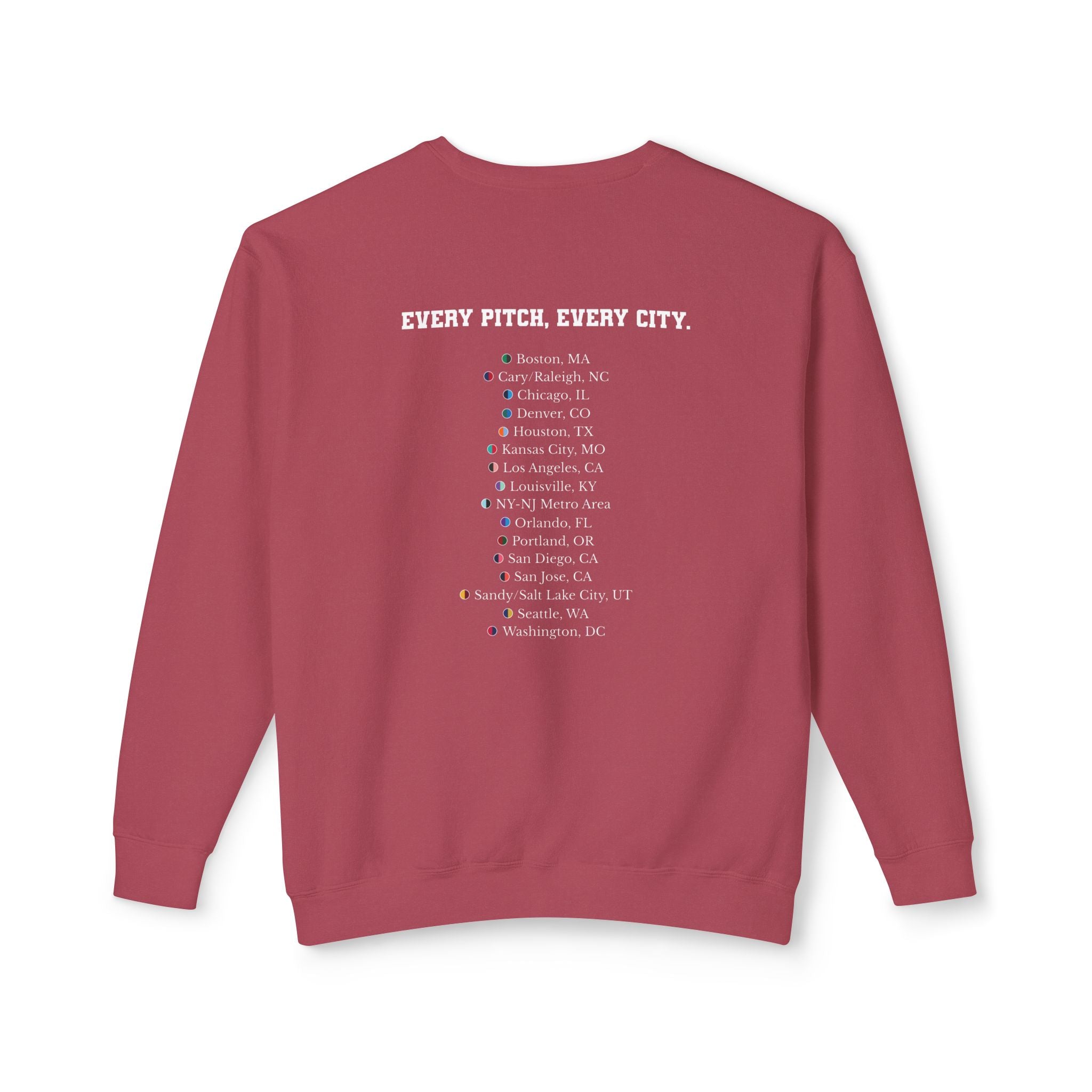 Crimson sweatshirt with Take Over chest logo on the front and cities list on the back 