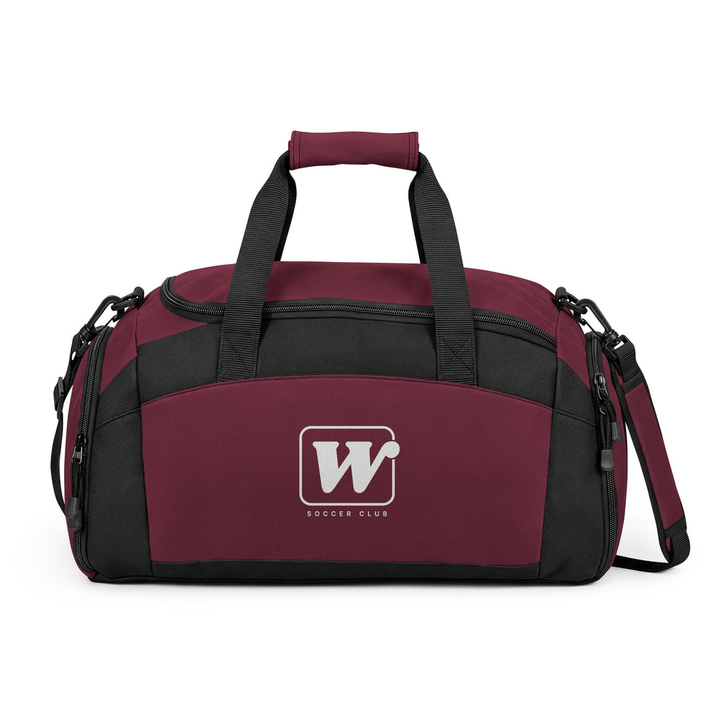 Maroon WSC branded athletic duffle bag featuring a large white logo print, separate ventilated shoe compartment, and water-resistant fabric