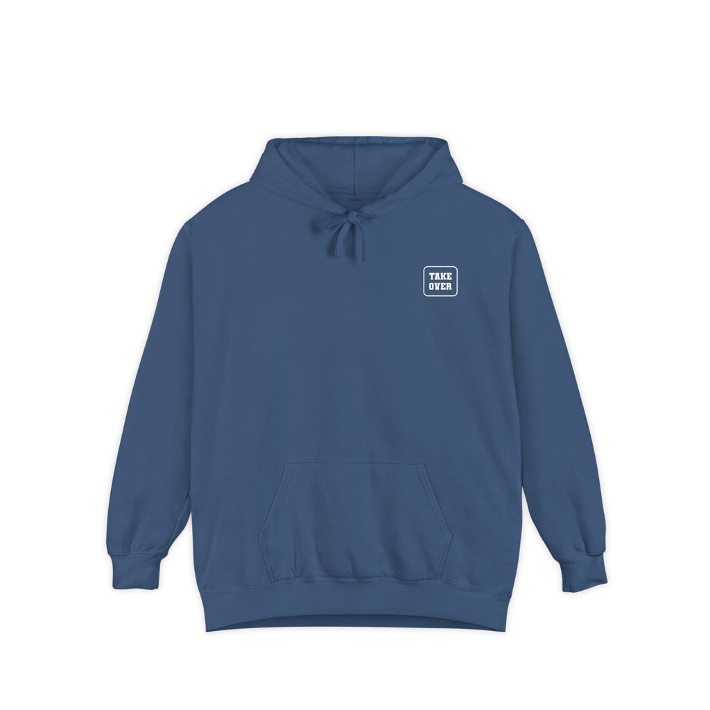 True Navy hoodie with chest logo on the front and list of cities on the back