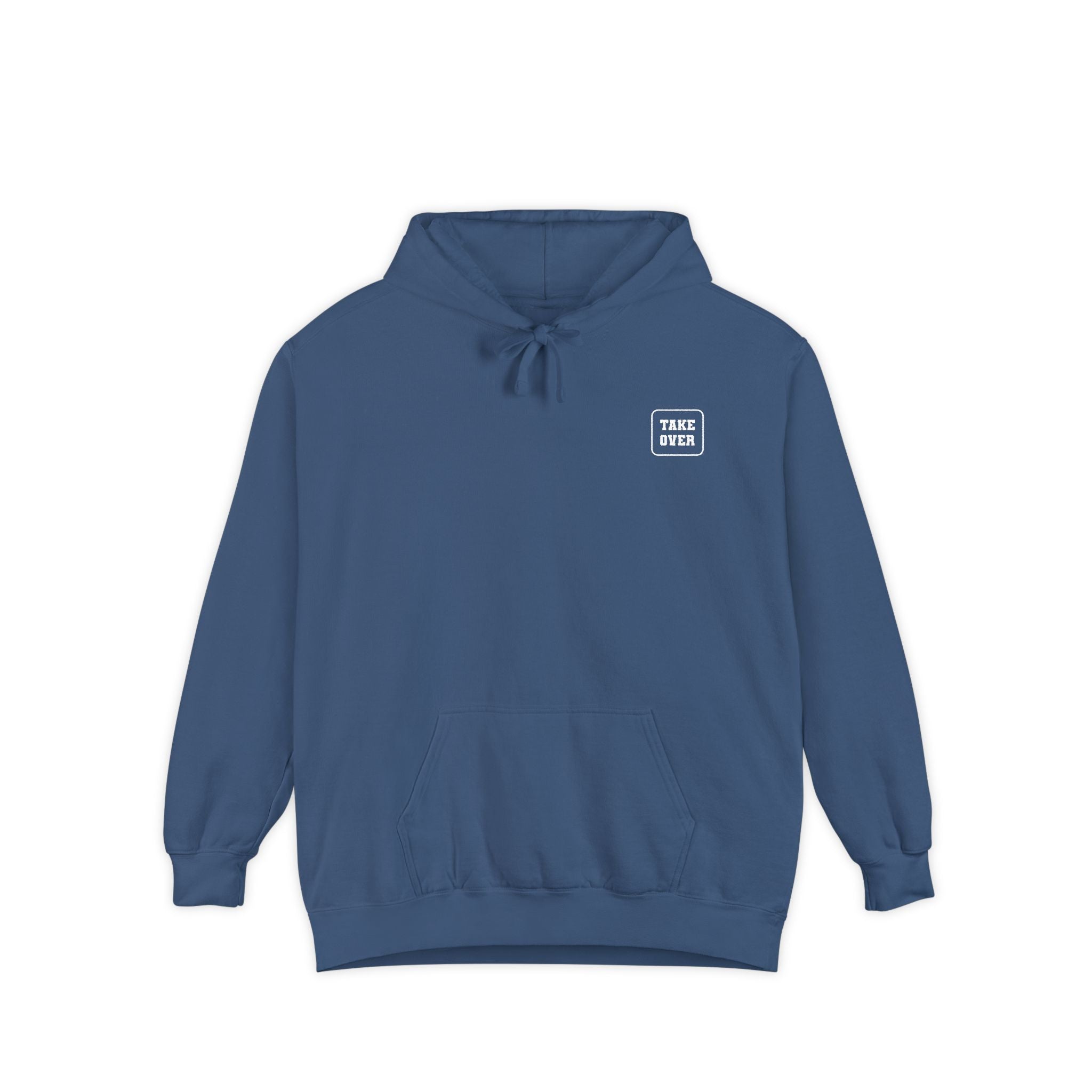 True Navy hoodie with chest logo on the front and list of cities on the back