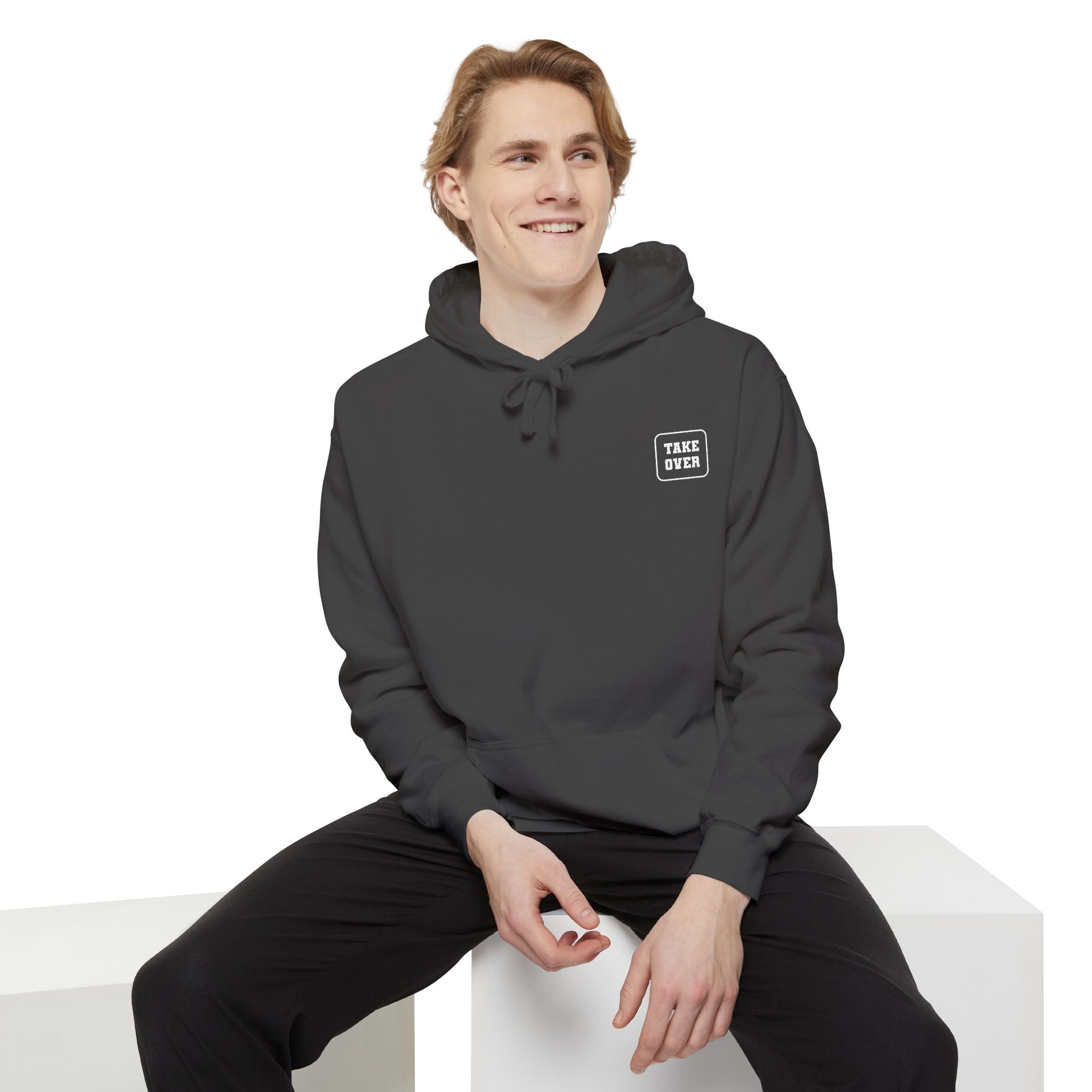 Pepper hoodie with chest logo on the front and list of cities on the back
