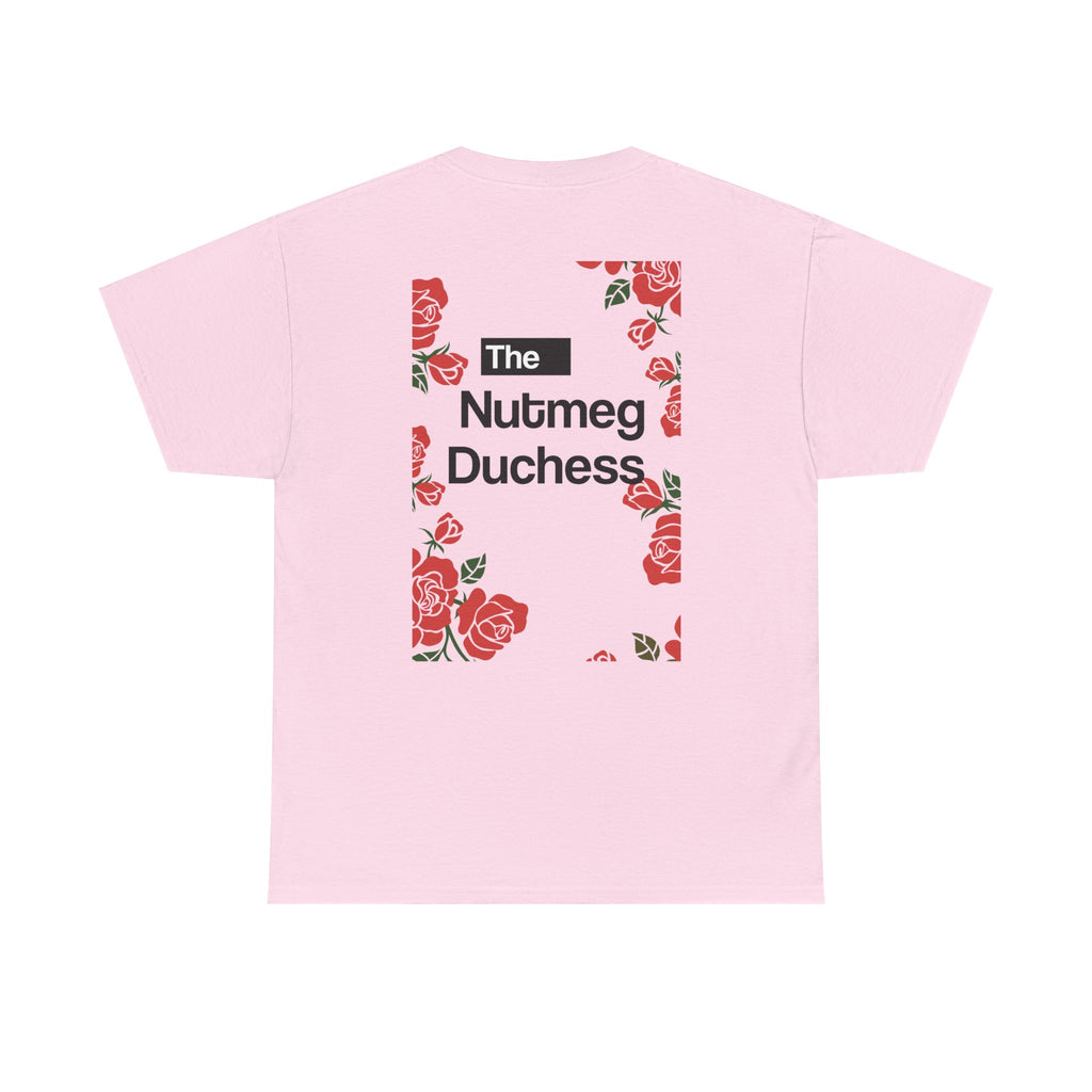 Light Pink Nutmeg Duchess t-shirt with a framed red rose graphic and vintage soccer street style typography