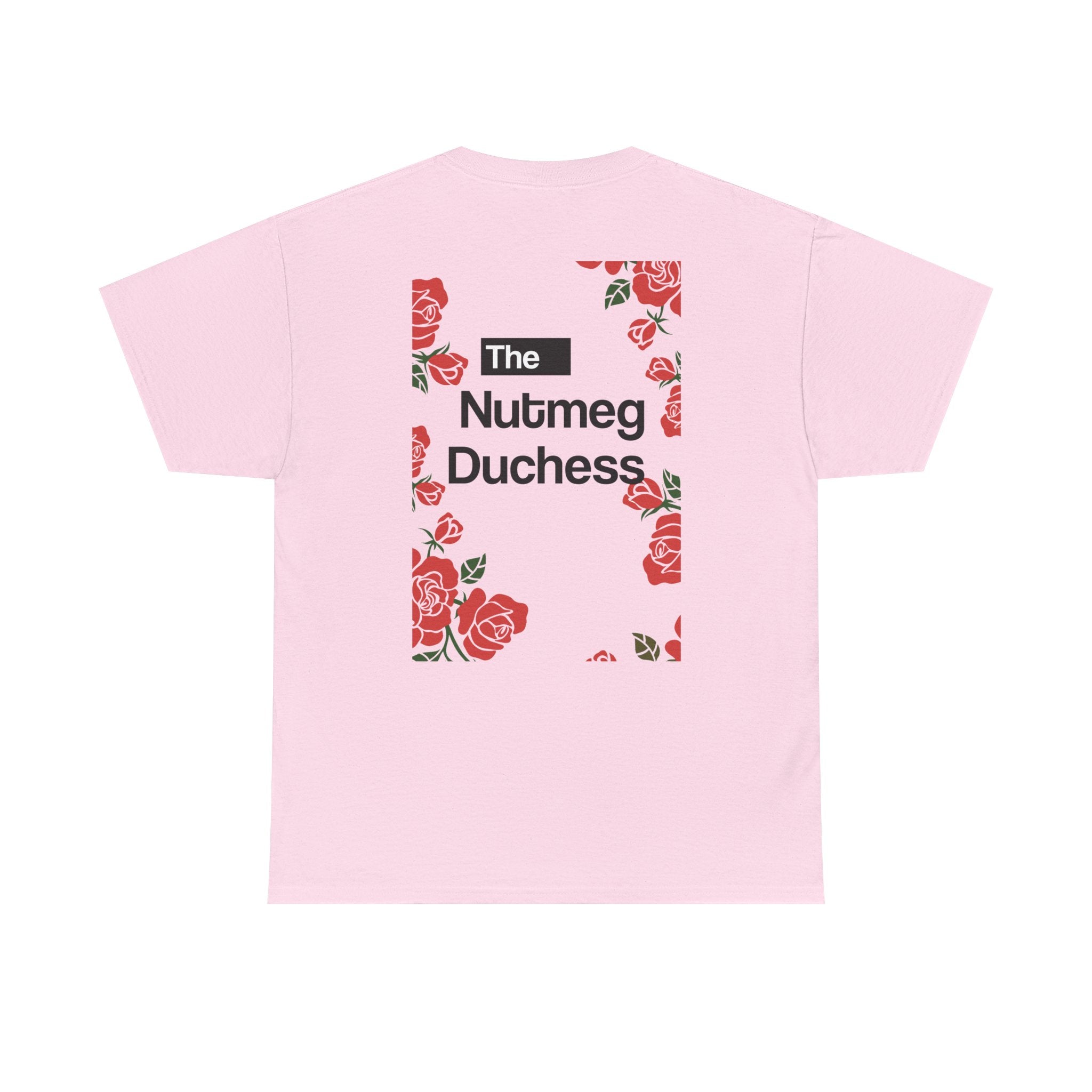 Light Pink Nutmeg Duchess t-shirt with a framed red rose graphic and vintage soccer street style typography