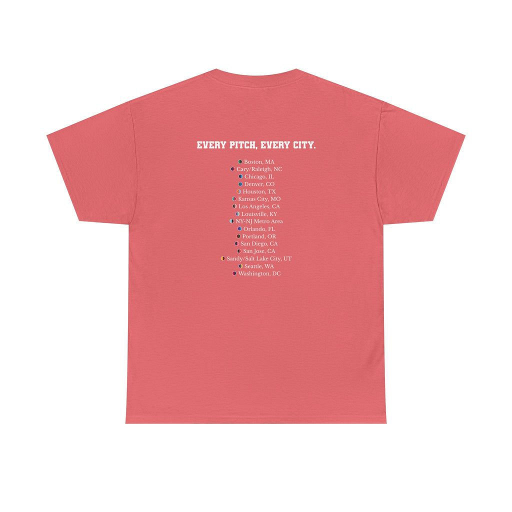 Coral Silk Take Over Every City Pro League T-Shirt flat lay on a solid background.