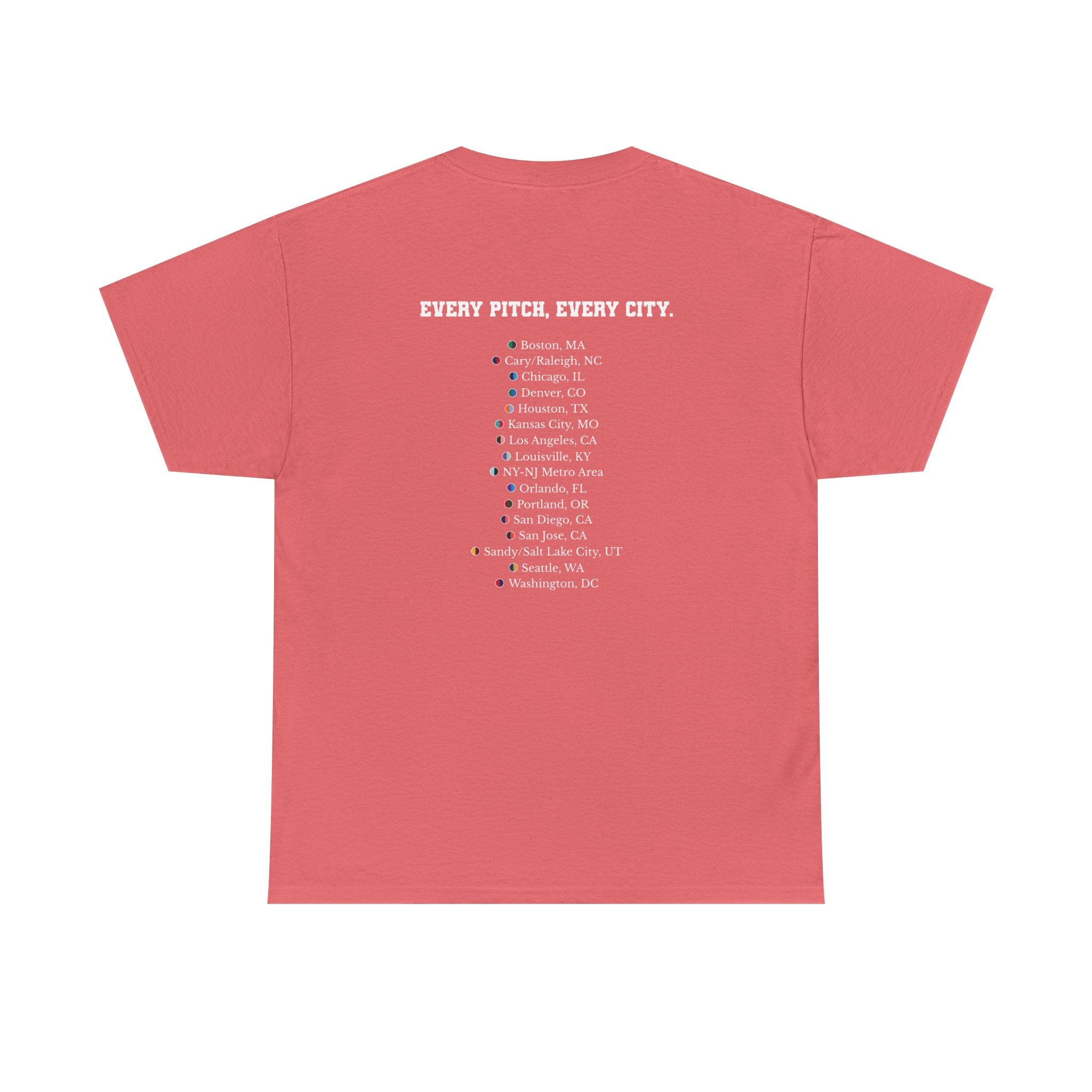 Coral Silk Take Over Every City Pro League T-Shirt flat lay on a solid background.