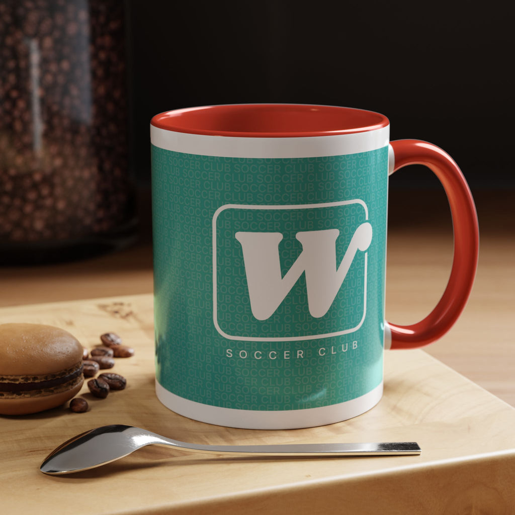 Red W Soccer Club ceramic accent mug, with a teal wraparound soccer club design and the bold 'W' logo 