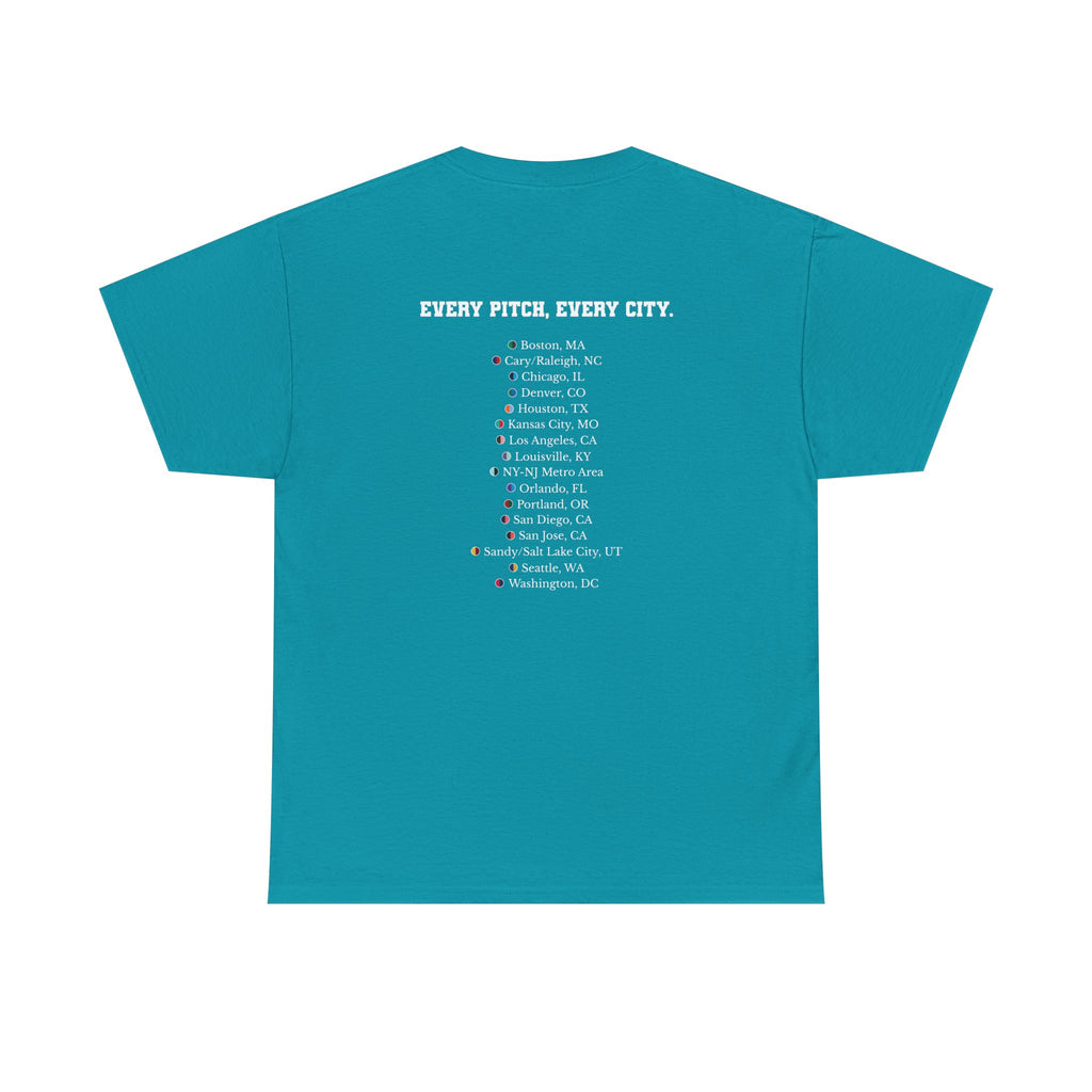 Tropical Blue Take Over Every City Pro League T-Shirt flat lay on a solid background.