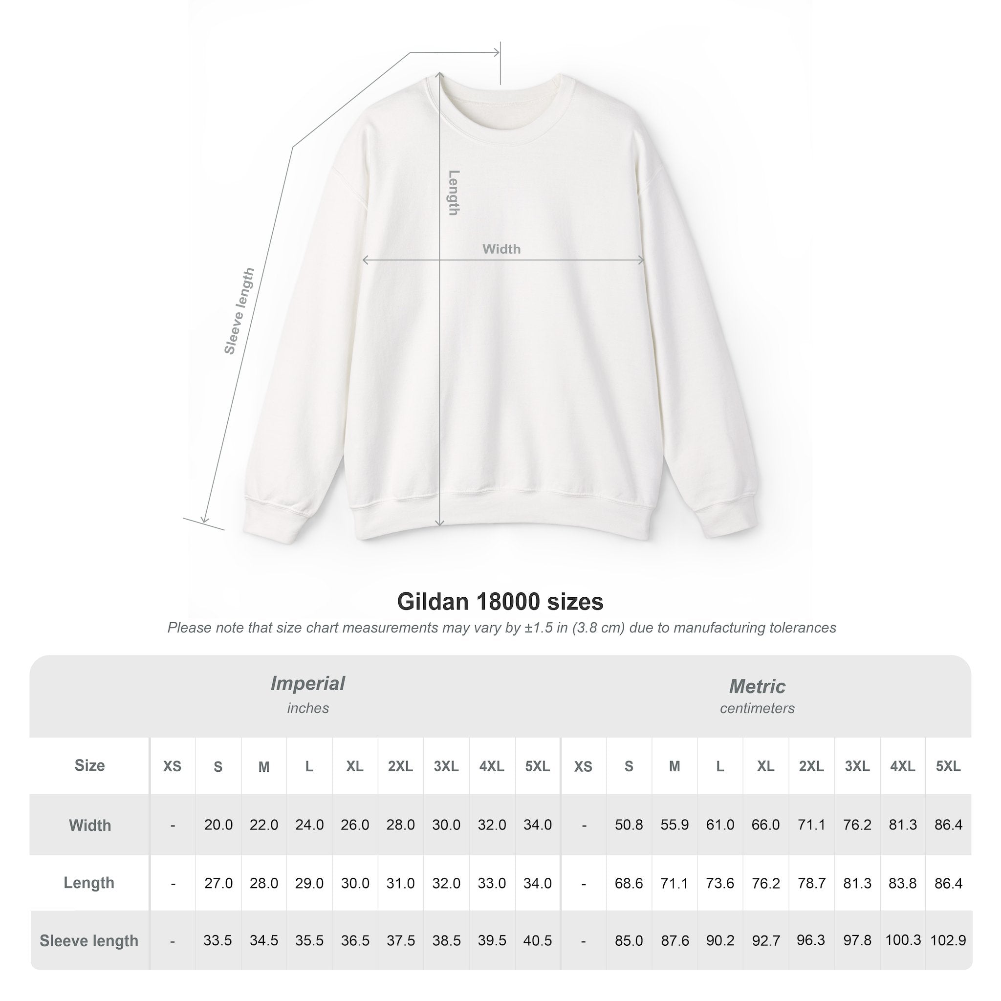 Size chart for The Champions Club in Pasadena crewneck sweatshirt in white and black