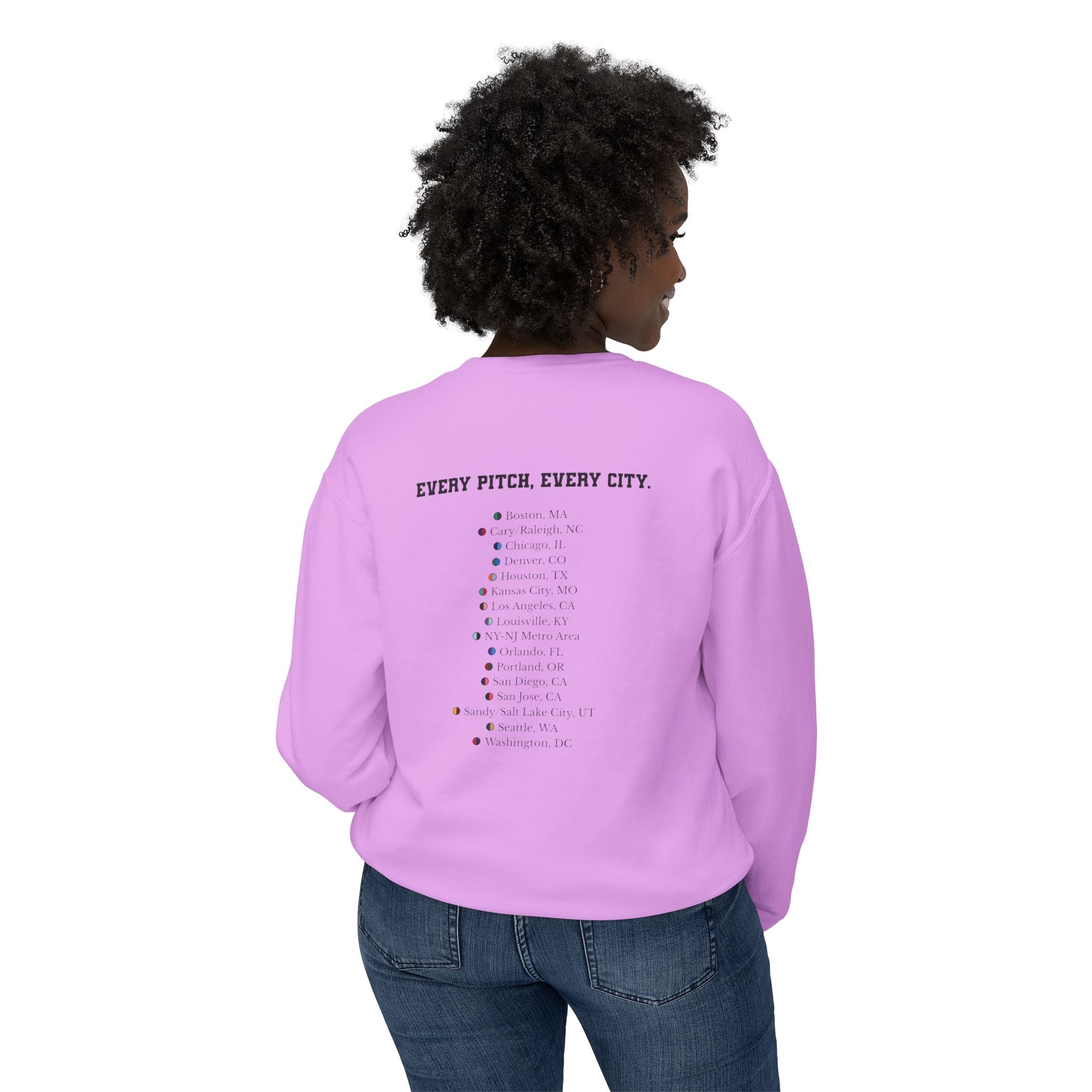 Neon Violet sweatshirt with Take Over chest logo on the front and cities list on the back 