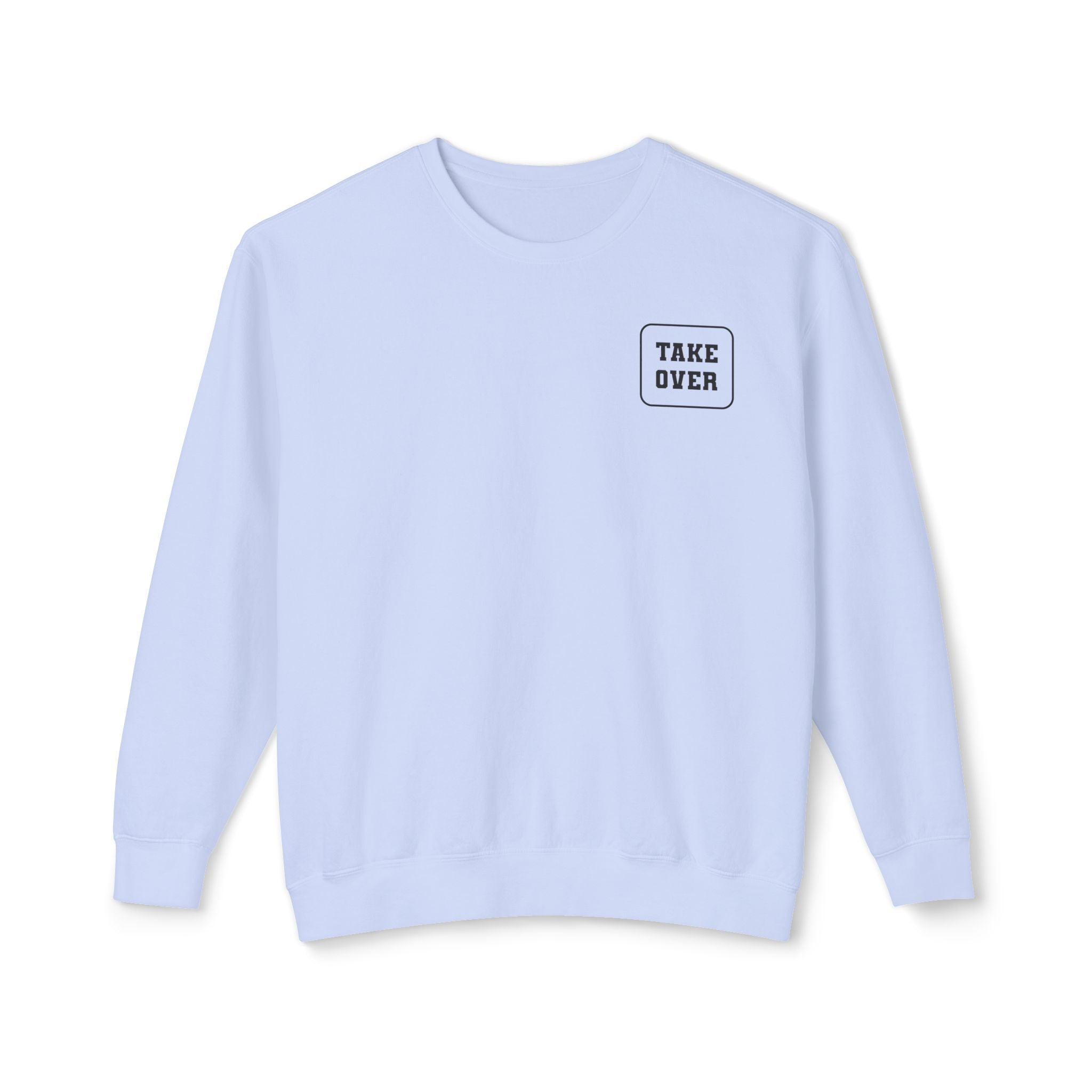 Hydrangea sweatshirt with Take Over chest logo on the front and cities list on the back 