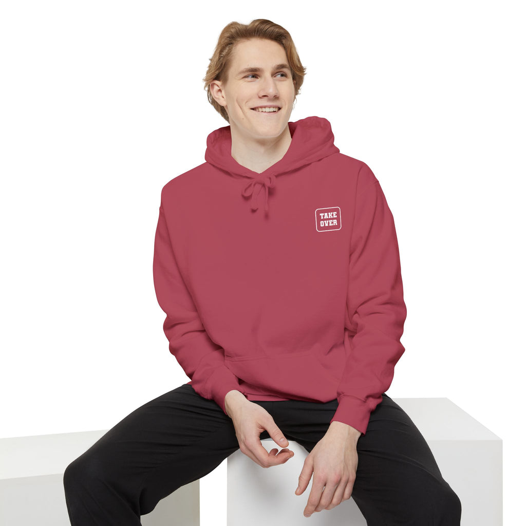 Crimson hoodie with chest logo on the front and list of cities on the back