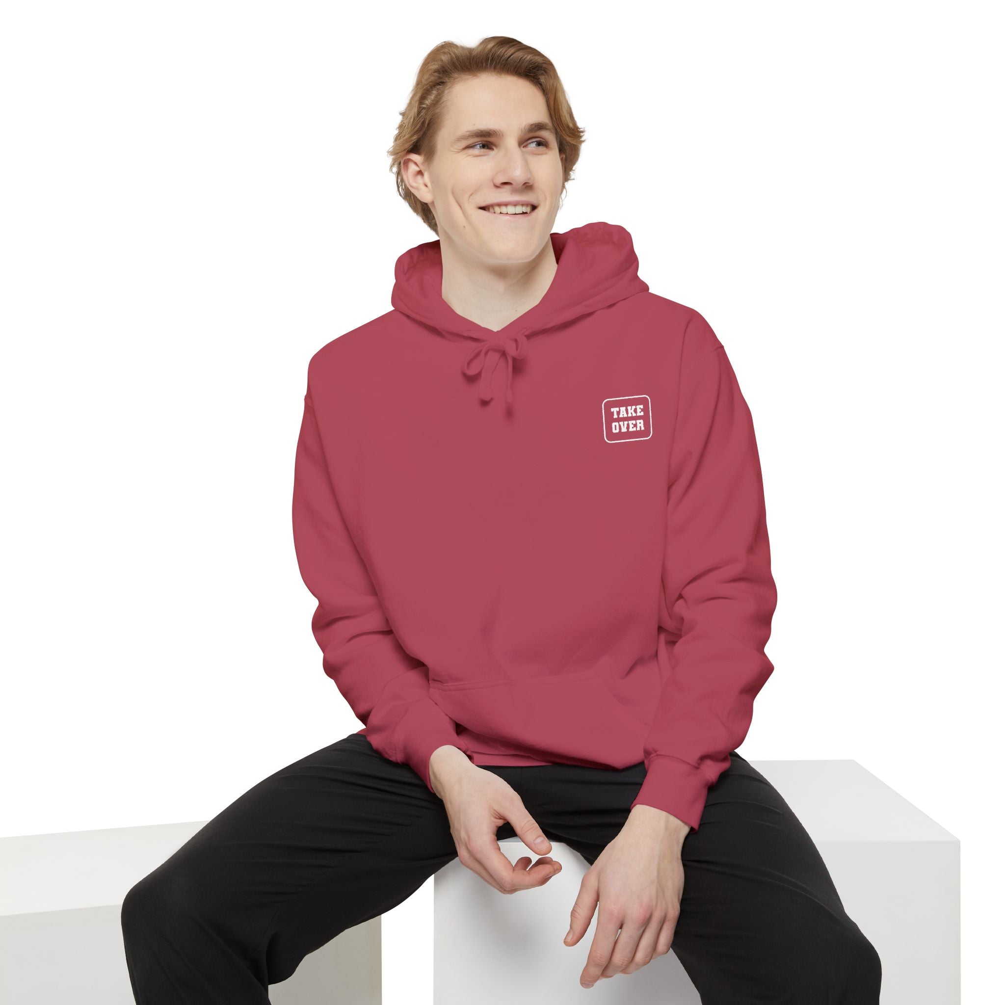 Crimson hoodie with chest logo on the front and list of cities on the back