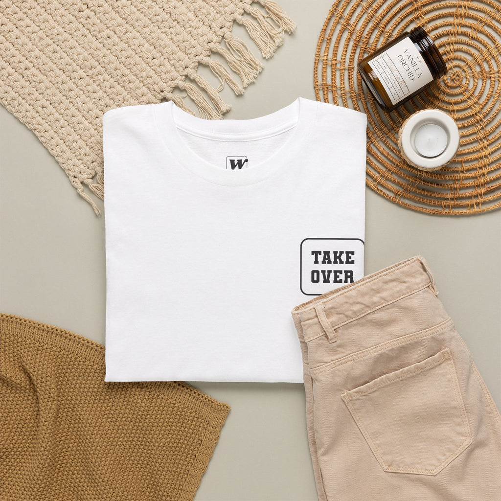 White Take Over Every City Pro League T-Shirt flat lay on a solid background.