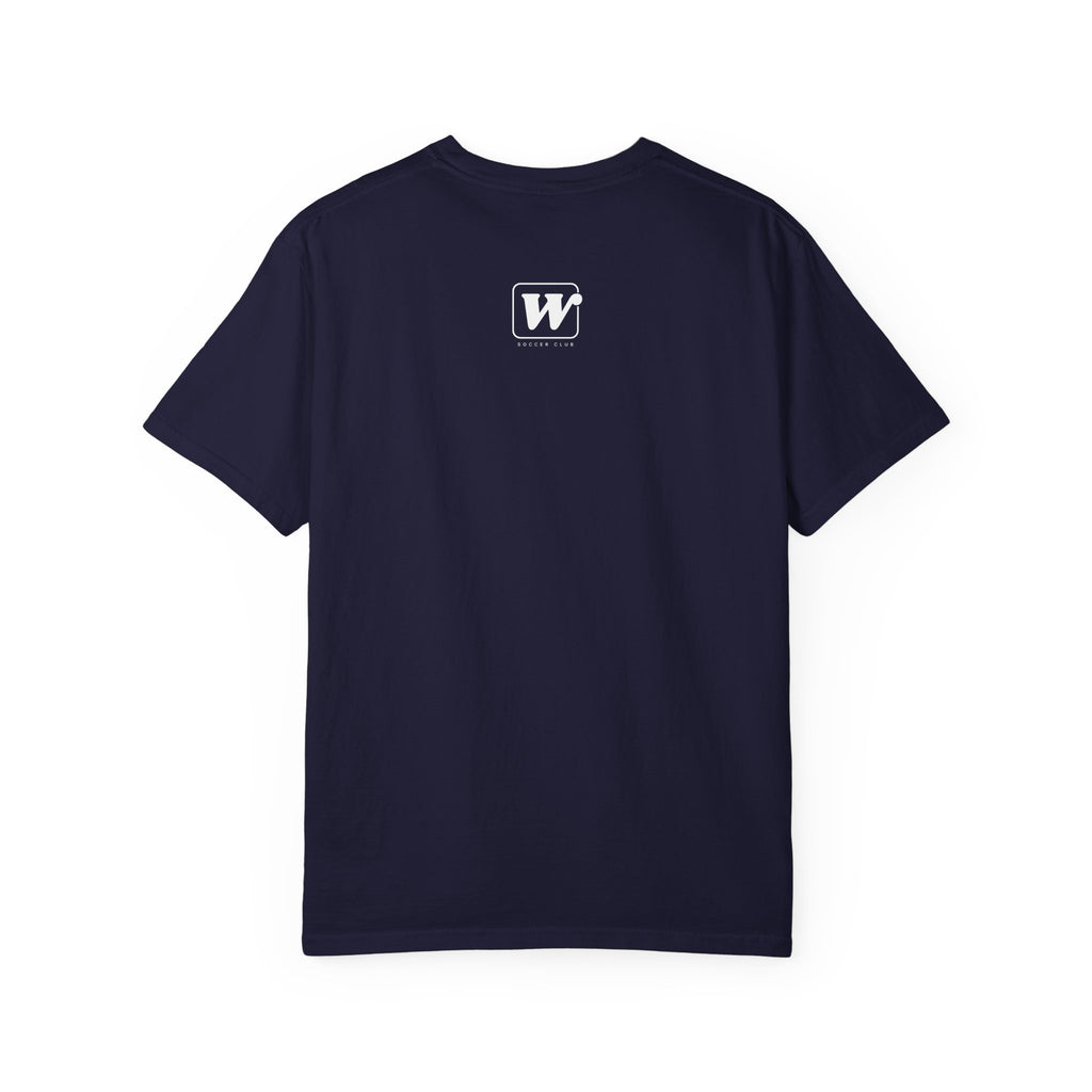 Navy garment-dyed t-shirt back view featuring a small W Soccer Club logo. 