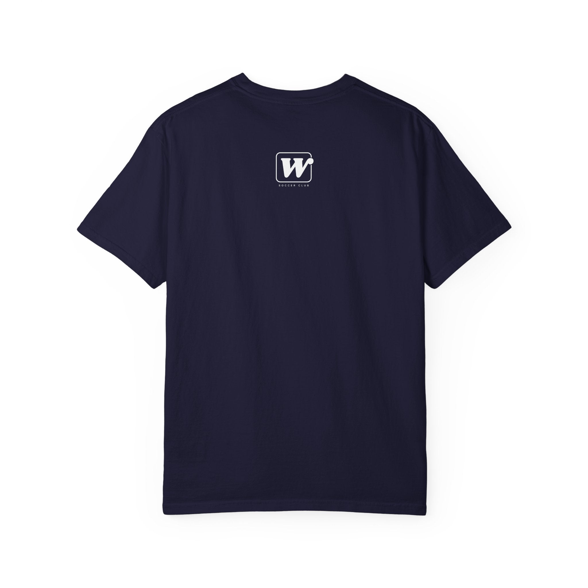 Navy garment-dyed t-shirt back view featuring a small W Soccer Club logo. 