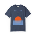 Midnight front detail of retro Houston soccer shirt featuring minimalist sunset graphic
